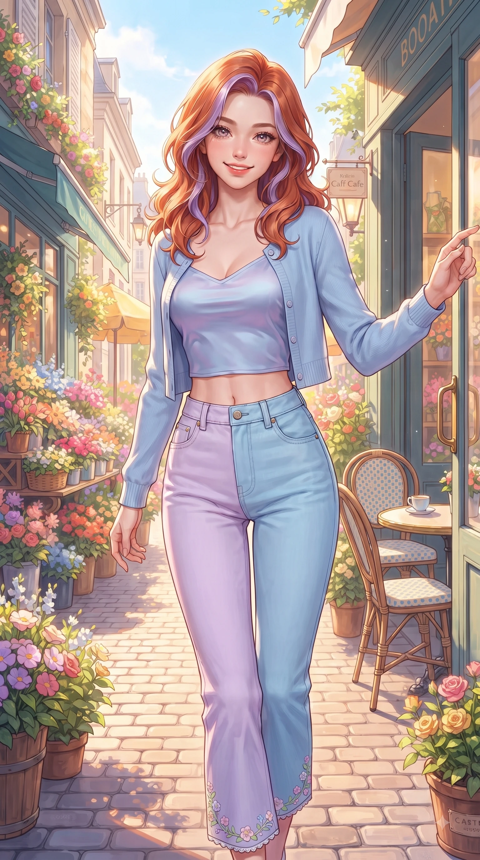 score_9, masterpiece, best quality, ultra-detailed, high-budget anime keyframe, editorial fashion photography, tasteful artistic composition, Caucasian woman. close-up cowboy shot from the waist and thighs up, the character dominates the composition, filling the frame with her large presence. Fresh enchanting smile, her eyes twinkling like jewels in the bright sunlight as one arm reaches out cheerfully while resting near a sun-drenched cafe entrance while looking at the camera with a warm, sweet expression. The surrounding environment is rendered in vivid detail and crisp panoramic clarity. vibrant European-style flower boutiques, cobblestone paths, and detailed outdoor cafe seating under clear morning sun. She has an exceptionally elegant, slender, and willowy female figure with an ultra-slim waist, a gracefully sculpted slender torso, and a refined silhouette. sharp v-shaped jawline, high-bridge nose, intricate jewel-like eyes with depth, thick eyelashes, glossy lips with a natural sheen, flawlessly proportioned anatomical accuracy, natural body alignment, perfectly sculpted elegant limbs, clean dynamic posture without body distortion. wearing a casual chic pastel blue cropped cardigan with high-rise straight-leg denim jeans in soft pastel lavender and sky blue, crafted from smooth fluid silk satin, complemented by delicate embroidered floral trim along the hem, the soft airy drape swaying gracefully with her dynamic movements. bathed in brilliant morning sunshine and warm pastel flower shop ambient glow. ultra-reflective glossy finish, specular highlights, metallic sheen, high-contrast stereoscopic depth, volumetric dynamic lighting, 2k, ultra detail, master piece, 9:16 ratio