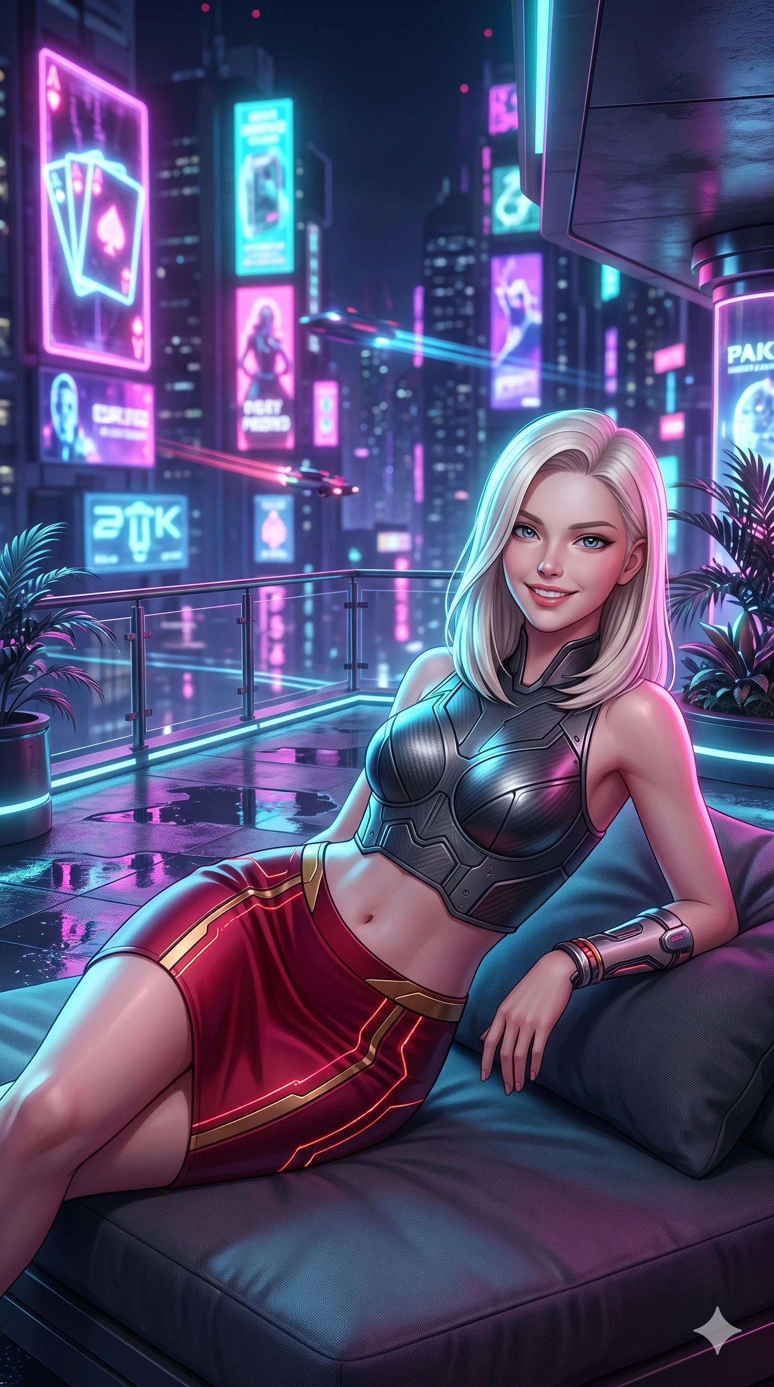 score_9, masterpiece, best quality, ultra-detailed, high-budget anime keyframe, semi-realistic 3D game render, editorial fashion photography, tasteful artistic composition, Caucasian woman. close-up cowboy shot from the waist and thighs up, the character dominates the composition, filling the frame with her large presence. turning slowly with an enchanting smoldering smile, her glossy hair tossing as her hips angle gracefully in a captivating contrapposto while lounging comfortably in an exterior plush daybed propped on one elbow with legs crossed, radiating effortless siren charm amidst the neon night. The background shows a soft-focus colossal towering neon kanji billboards, streams of holographic playing cards, and distant flying traffic blurred into magenta, electric cyan, and deep purple bokeh. She has an exceptionally elegant, slender, and willowy female figure with an ultra-slim waist, flat toned midriff, narrow ribcage, and sculpted feminine hips creating an alluring, slim hourglass silhouette without bulk. sharp v-shaped jawline, high-bridge nose, intricate jewel-like sparkling eyes with depth, thick eyelashes, glossy parted lips with a natural sheen, bright confident smile with an enchanting and coquettish sensual glint, exuding both youthful magnetic charm and sovereign high-tech allure, flawlessly proportioned anatomical accuracy, strict slender model proportions, natural body alignment, perfectly sculpted long slender limbs, ultra-slim waistline, clean dynamic posture without body distortion. wearing a sculpted matte carbon underwire crop bustier with lace-up side ties paired with a low-rise micro skirt in relativistic crimson and blazing accretion gold, tailored from brushed aeronautical titanium alloy with matte satin sheen, accented with illuminated micro-fiber optic circuit threads tracing along her ribs and spine, the precision-cut side openings and low-back scoop framing her graceful spine and the sensual sweep of her slim, toned hips. illuminated by terrace floor puddle reflections and sharp magenta-cyan rim lights sculpting her razor-sharp jawline, narrow waist, and curvy hips. highly saturated vibrant anime colors, detailed shading with soft gradients, rich glossy textures, high-contrast stereoscopic depth, volumetric dynamic lighting, master piece, 9:16 ratio