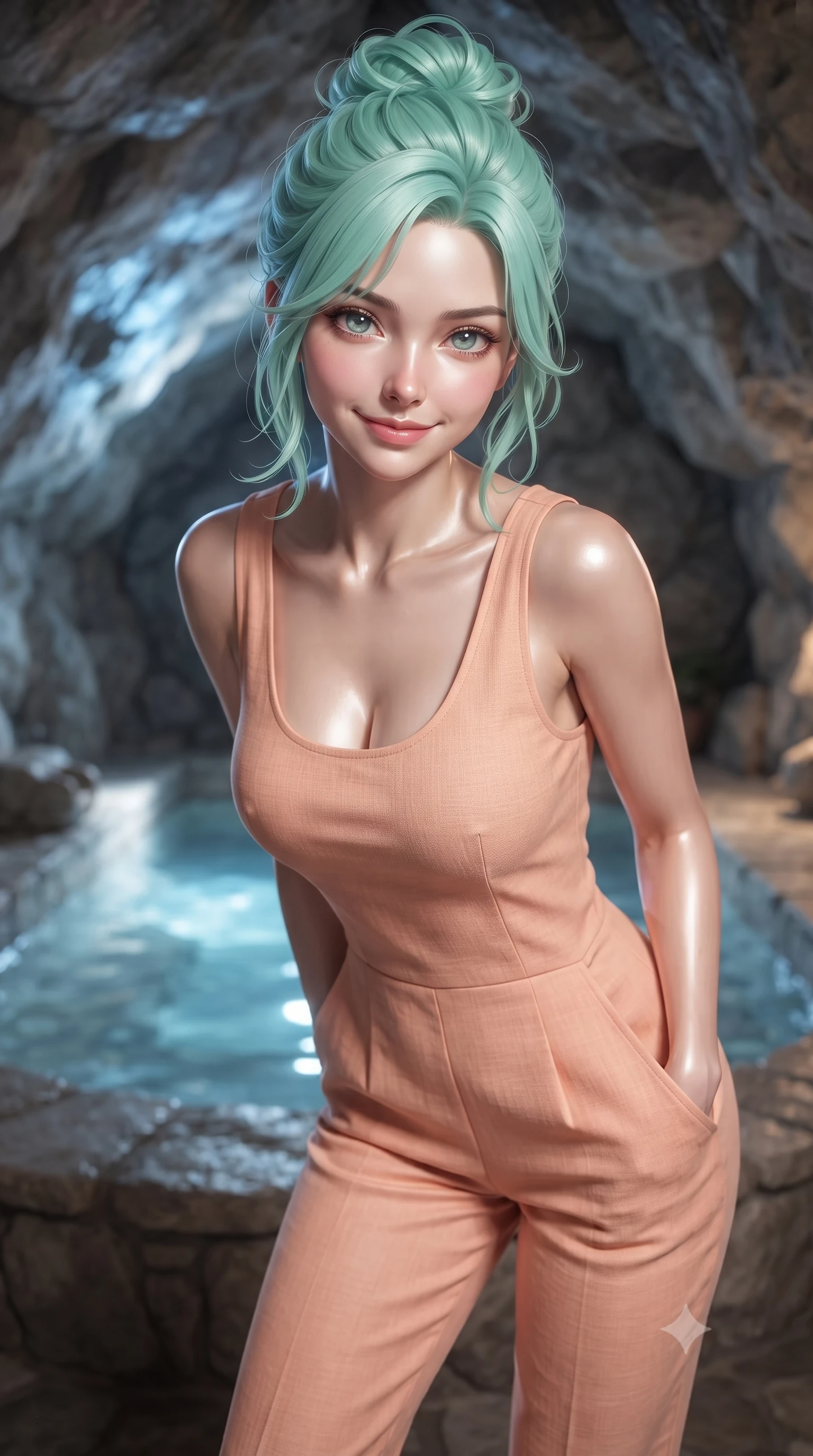 score_9, masterpiece, best quality, ultra-detailed, high-budget anime keyframe, editorial fashion photography, tasteful artistic composition, Japanese woman woman. close-up cowboy shot from the waist and thighs up, the character dominates the composition, filling the frame with her large presence, background elements kept in soft focus. leaning slightly forward with a playful, teasing smile, her gaze locked onto the viewer the background shows a soft-focus a private stone bath pool built inside a natural rock cave with clear mineral water. She has an exceptionally elegant, slender, and willowy female figure with an ultra-slim waist, a gracefully sculpted slender torso, and a refined silhouette. sharp v-shaped jawline, high-bridge nose, intricate jewel-like eyes with depth, thick eyelashes, glossy lips with a natural sheen. wearing a body-hugging modern linen jumpsuit in soft peach, featuring a comfortable scoop neckline and side pockets. soft blue light reflecting from the pool water onto the rocky cave ceiling. ultra-reflective glossy finish, specular highlights, metallic sheen, high-contrast stereoscopic depth, volumetric dynamic lighting, 2k, ultra detail, master piece, 9:16 ratio