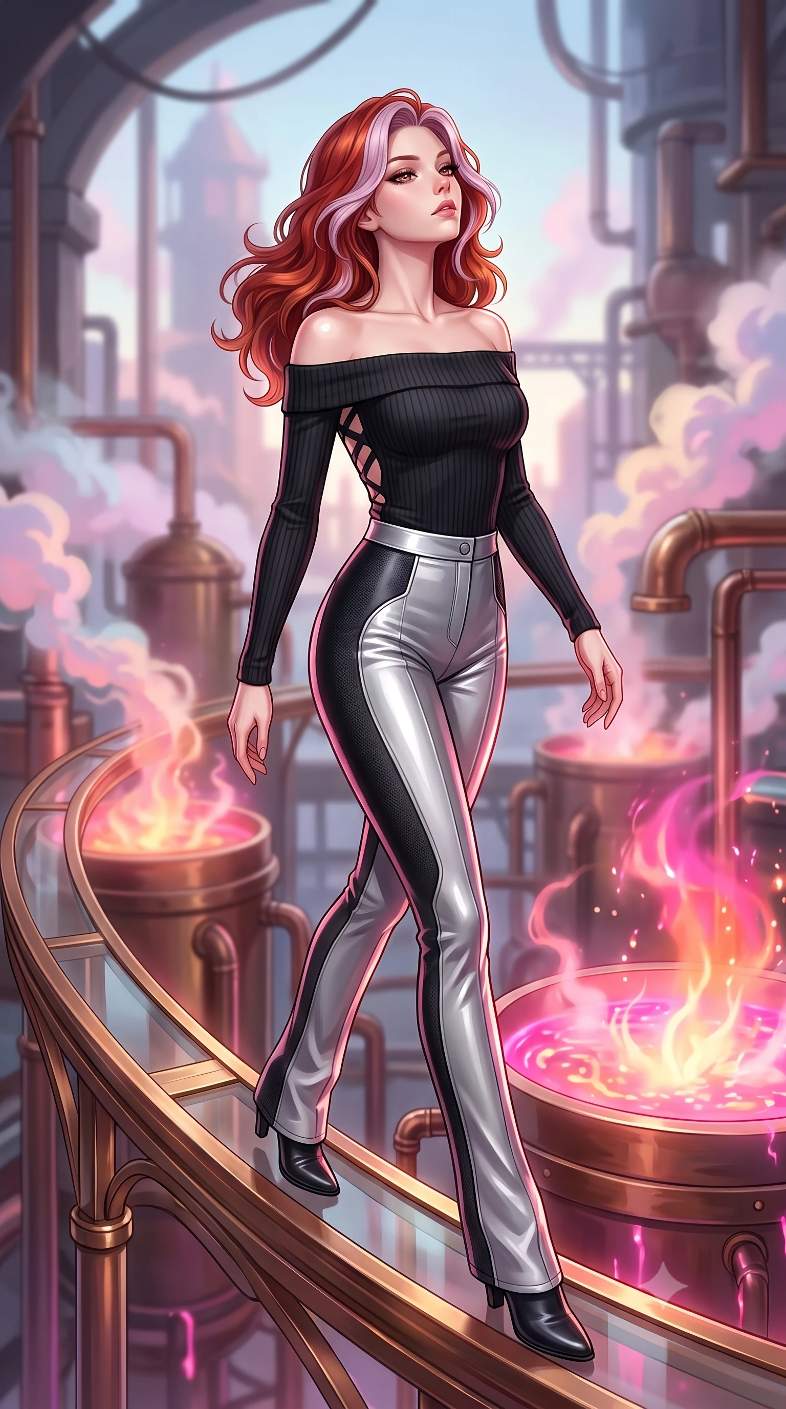 score_9, masterpiece, best quality, ultra-detailed, high-budget anime keyframe, editorial fashion photography, tasteful artistic composition, Caucasian woman. close-up cowboy shot from the waist and thighs up, the character dominates the composition, filling the frame with her large presence, background elements kept in soft focus. Tilting her chin up with an air of effortless superiority while balancing dynamically amidst the scene while stepping along a curved bronze beam while pastel steam clouds swirl around her, boiling liquid aurora energy radiating intense hot pink and orange light from below. She has an exceptionally elegant, slender, and willowy female figure with an ultra-slim waist, a gracefully sculpted slender torso, and a refined silhouette. sharp v-shaped jawline, high-bridge nose, intricate jewel-like eyes with depth, thick eyelashes, glossy lips with a natural sheen, flawlessly proportioned anatomical accuracy, natural body alignment, perfectly sculpted elegant limbs, clean dynamic posture without body distortion. wearing a sleek off-shoulder ribbed knit top paired with high-waist tailored pants in matte black and polished silver, formed from sleek second-skin neoprene, complemented by criss-cross back straps highlighting her bare shoulders, the glove-like fit emphasizing her statuesque silhouette during motion. surrounded by a warm, powerful industrial alchemy atmosphere. highly saturated vibrant anime colors, detailed shading with soft gradients, rich glossy textures, high-contrast stereoscopic depth, volumetric dynamic lighting, master piece, 9:16 ratio