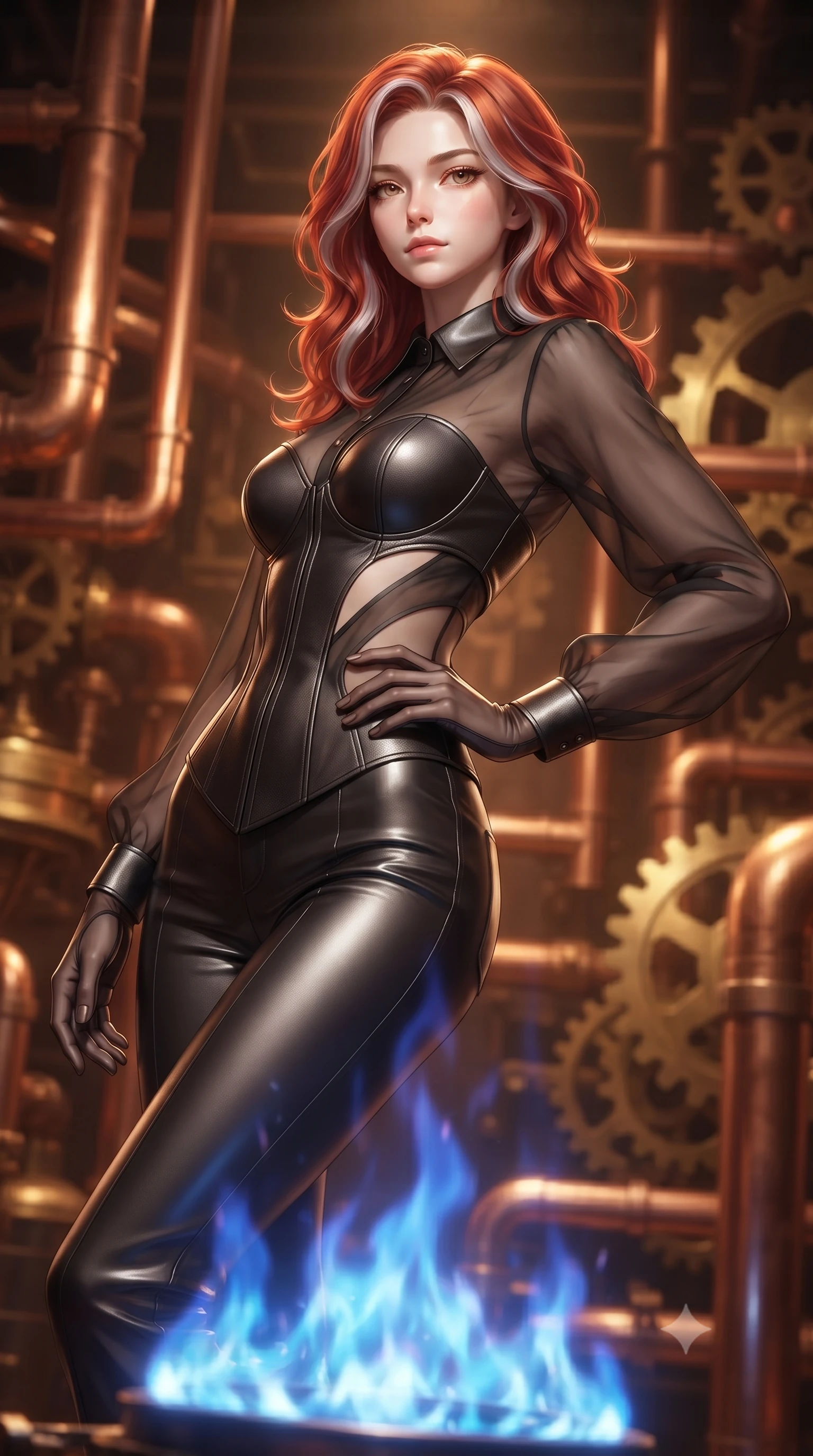 score_9, masterpiece, best quality, ultra-detailed, high-budget anime keyframe, editorial fashion photography, tasteful artistic composition, Caucasian woman. close-up cowboy shot from the waist and thighs up, the character dominates the composition, filling the frame with her large presence, background elements kept in soft focus. Holding a powerful dynamic pose with one hand on her hip and body angled dramatically toward the key light while floating gracefully above a sapphire alchemy flame with her torso tilted dynamically, intricate copper pipes and brass gears gleam with furnace heat reflections. She has an exceptionally elegant, slender, and willowy female figure with an ultra-slim waist, a gracefully sculpted slender torso, and a refined silhouette. sharp v-shaped jawline, high-bridge nose, intricate jewel-like eyes with depth, thick eyelashes, glossy lips with a natural sheen, flawlessly proportioned anatomical accuracy, natural body alignment, perfectly sculpted elegant limbs, clean dynamic posture without body distortion. wearing a tailored leather bustier over a sheer silk chiffon blouse in matte black and polished silver, woven from fine semi-opaque sheer organza, featuring clean architectural cutouts along her slender torso, the glove-like fit emphasizing her statuesque silhouette during motion. surrounded by a warm, powerful industrial alchemy atmosphere. ultra-reflective glossy finish, specular highlights, metallic sheen, high-contrast stereoscopic depth, volumetric dynamic lighting, 2k, ultra detail, master piece, 9:16 ratio