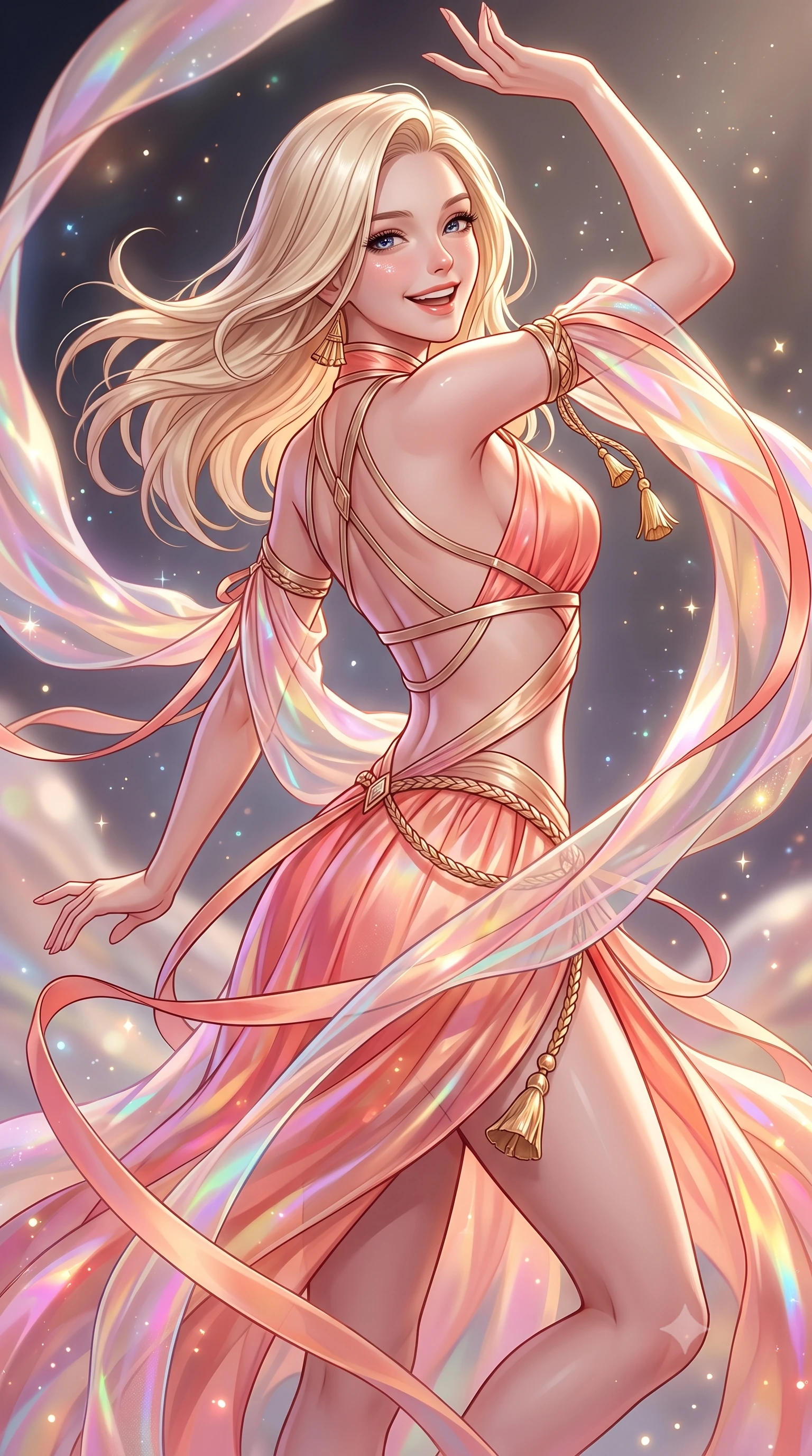 score_9, masterpiece, best quality, ultra-detailed, high-budget anime keyframe, semi-realistic 3D game render, editorial fashion photography, tasteful artistic composition, Caucasian woman. close-up cowboy shot from the waist and thighs up, the character dominates the composition, filling the frame with her large presence. laughing softly with genuine, enchanting warmth, eyes crinkling sweetly as specular highlights illuminate her cheeks while executing a slow zero-gravity spiral turn as iridescent organza drapes swirl around her statuesque silhouette. The composition keeps background elements in soft focus with creamy bokeh. glowing starlight flecks and iridescent fabric sparkles scattering cosmic radiant light motes. She has an exceptionally elegant, slender, and willowy female figure with an ultra-slim waist, a gracefully sculpted slender torso, toned flat midriff, and a refined slim silhouette. sharp v-shaped jawline, high-bridge nose, intricate jewel-like eyes with depth, thick eyelashes, glossy lips with a natural sheen, captivating and magnetic expression, flawlessly proportioned anatomical accuracy, strict slender model proportions, natural body alignment, perfectly sculpted long slender limbs, ultra-slim waistline, clean dynamic posture without body distortion. wearing a zero-gravity celestial dancer gown with cascading iridescent ribbons and bare back harness in sunrise coral and champagne gold, crafted from weightless prism organza that refracts light with every motion, accessorized with delicate gold bell tassels and braided silk cords, the precision-cut daring openings accentuating her delicate midriff, graceful bare collarbones, and ultra-slim feminine waistline. illuminated by crisp specular highlights tracing her ultra-slim waist, toned midriff, and long slender limbs. highly saturated vibrant anime colors, detailed shading with soft gradients, rich glossy textures, high-contrast stereoscopic depth, volumetric dynamic lighting, master piece, 9:16 ratio