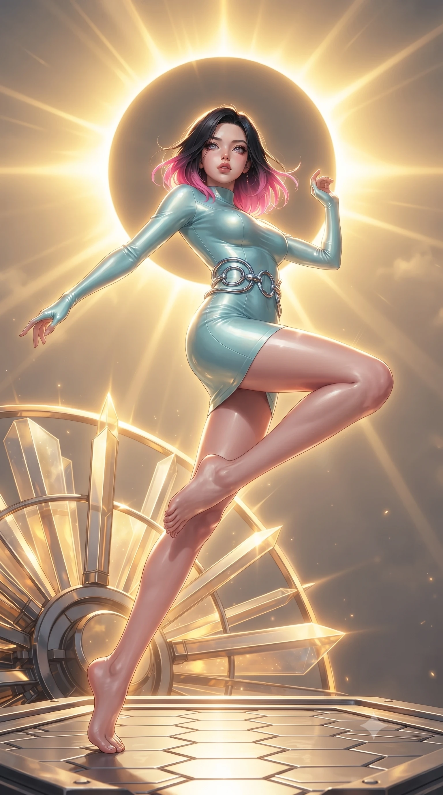 score_9, masterpiece, best quality, ultra-detailed, high-budget anime keyframe, editorial fashion photography, tasteful artistic composition, Korean woman. low angle full-body shot from head to toe showing her feet, filling the entire 9:16 vertical frame with her statuesque presence, stretching her vertical silhouette. leaping dynamically through the luminous sky, her posture full of power and elegance, resting near a sun-ray collector emitting warm golden ether light, the brilliant golden corona of a solar eclipse casting sharp dramatic key rays. She has an absolutely perfect, statuesque 8.5-heads proportion, an exceptionally tall and slender model-like female figure with impossibly long slender legs and an ultra-slim waist. sharp v-shaped jawline, high-bridge nose, intricate jewel-like eyes with depth, thick eyelashes, glossy lips with a natural sheen. wearing glove-like fit pale turquoise latex bodycon mini dress in soft blush pink, made of high-gloss liquid pearl vinyl, accented with sculpted opal chrome rings at the waist, the fitted fabric emphasizing her ultra-slim waist. surrounded by a glowing golden aura with sharp rim highlights. ultra-reflective glossy finish, specular highlights, metallic sheen, high-contrast stereoscopic depth, volumetric dynamic lighting, 2k, ultra detail, master piece, 9:16 ratio