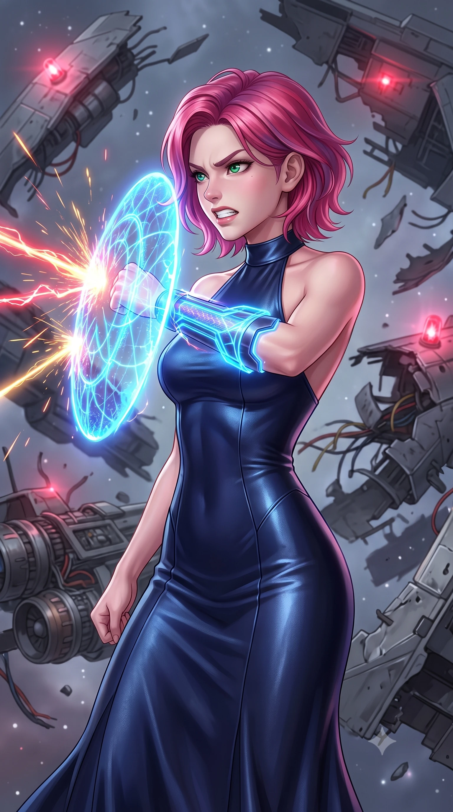 score_9, masterpiece, best quality, ultra-detailed, high-budget anime keyframe, editorial fashion photography, tasteful artistic composition, Caucasian woman, strictly human ears. close-up cowboy shot from the waist and thighs up, the character dominates the composition, filling the frame with her large presence, background elements kept in soft focus. Deflecting incoming plasma bolts with a glowing energy shield attached to her forearm, teeth grit in determination. set against a soft-focus background of floating amidst the debris of destroyed starships, wires, plates, and cold engines reflecting distant stars. She has an exceptionally elegant and slender, willowy female figure with an ultra-slim waist, a gracefully sculpted slender torso, and a refined slim physique. sharp v-shaped jawline, high-bridge nose, intricate jewel-like eyes with depth, thick eyelashes, glossy lips with a natural sheen. wearing tailored for maximum mobility, sleek form-contouring panels that allow fluid movement, a form-contouring elegant bodycon evening gown in midnight blue silk with a subtle metallic sheen, featuring a high halter collar and a floor-sweeping silhouette. highly saturated vibrant anime colors, intense vivid color palette, soft 3D volumetric shading, volumetric dynamic lighting, soft silver starlight mixed with blinking red distress beacons on ship hulls. 2k, ultra detail, master piece, 9:16 ratio