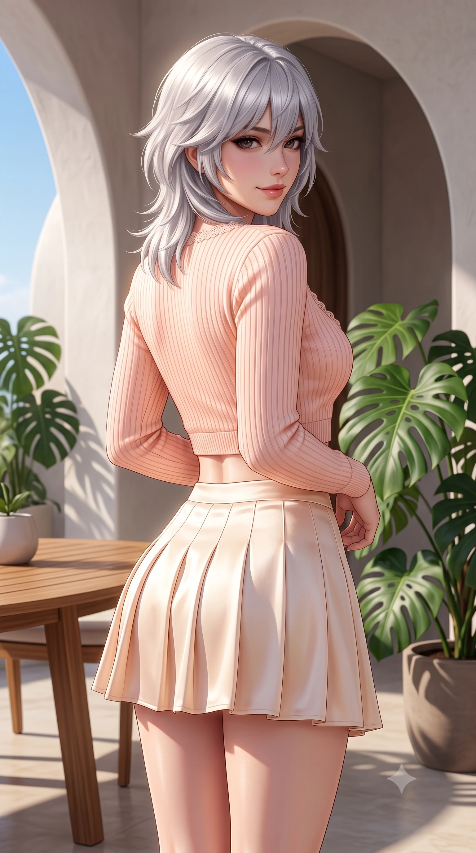 score_9, masterpiece, best quality, ultra-detailed, high-budget anime keyframe, semi-realistic 3D game render, editorial fashion photography, tasteful artistic composition, Japanese woman. close-up cowboy shot from the waist and thighs up, the character dominates the composition, filling the frame with her large presence. posing in an alluring rear three-quarter angle, turning over a bare shoulder with an intoxicating cute smile, her hips cocked back to highlight her slim hourglass curve while standing poised beside giant potted monsteras on the sunlit terrace, twisting her slender torso in an alluring contrapposto stance. The surrounding environment is rendered in vivid detail and crisp panoramic clarity. sharp smooth plaster architectural curves, teak wood table textures, and monstera leaf veins in deep focus. She has an exceptionally elegant, slender, and willowy female figure with an ultra-slim waist, flat toned midriff, narrow ribcage, and sculpted feminine hips creating an alluring, slim hourglass silhouette without bulk. sharp v-shaped jawline, high-bridge nose, intricate jewel-like sparkling eyes with depth, thick eyelashes, glossy parted lips with a natural peach sheen, bright cheerful beaming smile with an enchanting and coquettish sensual glint, exuding both youthful cute charm and seductive allure, flawlessly proportioned anatomical accuracy, strict slender model proportions, natural body alignment, perfectly sculpted long slender limbs, ultra-slim waistline, clean dynamic posture without body distortion. wearing a cropped pastel ribbed knit cardigan paired with an ultra-short high-waisted pleated tennis skirt clinging tightly to her curvy hips in pastel peach blossom pink and warm champagne ivory, made of smooth fluid silk satin with a delicate pearlescent sheen, finished with delicate lace scallop edging along the neckline, the form-contouring cut accentuating her sculpted flat midriff, narrow delicate ribcage, and gracefully curvy hips with supermodel precision. illuminated by soft wall bounce light sharply sculpting her razor-sharp jawline, narrow waist, and curvy hips. highly saturated vibrant anime colors, detailed shading with soft gradients, rich glossy textures, high-contrast stereoscopic depth, volumetric dynamic lighting, master piece, 9:16 ratio