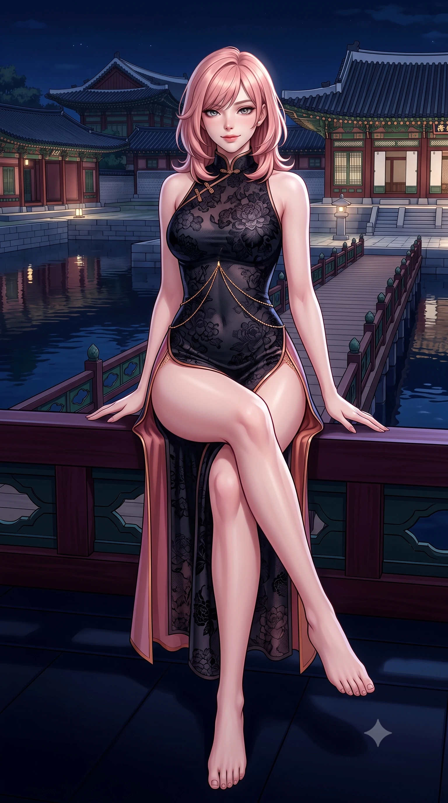 score_9, masterpiece, best quality, ultra-detailed, high-budget anime keyframe, semi-realistic 3D game render, editorial fashion photography, tasteful artistic composition, Japanese woman. low angle full-body shot from head to toe showing her feet, filling the entire 9:16 vertical frame with her statuesque presence, stretching her vertical silhouette. sitting perched on the elevated pavilion terrace edge with legs crossed and hips angled toward the camera, displaying her toned midriff and long slender limbs with joyful, coquettish charm while pausing mid-stride on the graceful wooden bridge connecting to the hexagonal pavilion island, arching her spine with sovereign queenly grace. The surrounding environment is rendered in vivid detail and crisp panoramic clarity: detailed sheer jeogori silk weave, delicate norigae jewelry sparkle, and Joseon royal palace architecture in razor-sharp precision. She has an absolutely perfect, statuesque 8.5-heads proportion, an exceptionally tall and slender model-like female figure with impossibly long slender legs, an ultra-slim waist, a flat toned midriff, narrow delicate ribcage, and beautifully sculpted feminine hips creating a graceful, slim hourglass silhouette without any bulky heaviness. sharp v-shaped jawline, high-bridge nose, intricate jewel-like dark sparkling almond eyes with depth, thick lashes, glossy parted lips with a natural rose-plum sheen, bright alluring and coquettish smile with bedroom-eyes, exuding both timeless oriental elegance and sovereign high-fashion allure, flawlessly proportioned anatomical accuracy, strict slender model proportions, natural body alignment, perfectly sculpted long slender limbs, ultra-slim waistline, clean dynamic posture without body distortion. wearing a form-contouring high-neck modern cheongsam mini dress in midnight black jacquard silk with daring double side hip slits in dusty rose pink and burnished copper, woven from delicate semi-opaque floral lace with oriental peony patterns, accented with a delicate gold body chain draping loosely across her flat midriff, the form-fitting tailored bodice adhering flawlessly to her sculpted flat midriff and slender torso, emphasizing her long leg lines and perfectly proportioned willowy build. bathed in soft architectural spotlights illuminating the historic royal pavilion and dark waters. highly saturated vibrant anime colors, detailed shading with soft gradients, rich glossy textures, high-contrast stereoscopic depth, volumetric dynamic lighting, master piece, 9:16 ratio