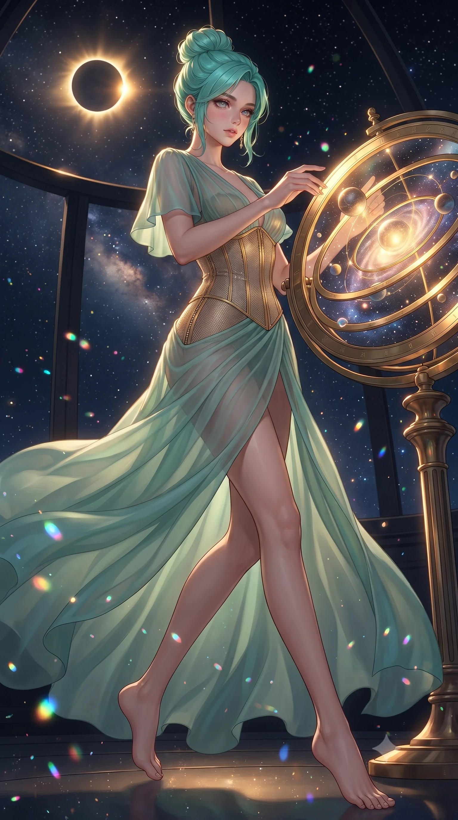 score_9, masterpiece, best quality, ultra-detailed, high-budget anime keyframe, editorial fashion photography, tasteful artistic composition, Japanese woman. low angle full-body shot from head to toe showing her feet, filling the entire 9:16 vertical frame with her statuesque presence, stretching her vertical silhouette. interacting with floating opal particles, her long slender legs poised in motion, adjusting a luminous planetary orbital dial filled with galaxy dust, a celestial solar eclipse casting brilliant golden rim highlights. She has an absolutely perfect, statuesque 8.5-heads proportion, an exceptionally tall and slender model-like female figure with impossibly long slender legs and an ultra-slim waist. sharp v-shaped jawline, high-bridge nose, intricate jewel-like eyes with depth, thick eyelashes, glossy lips with a natural sheen. wearing semi-opaque sheer seafoam chiffon gown revealing structured corset silhouette in champagne gold, made of fine silver contouring mesh, finished with metallic gold boning and sleek zipper points, highlighting her statuesque proportions and ultra-slim waistline. illuminated by brilliant starlight and warm golden inner glow from the astrolabe. ultra-reflective glossy finish, specular highlights, metallic sheen, high-contrast stereoscopic depth, volumetric dynamic lighting, 2k, ultra detail, master piece, 9:16 ratio