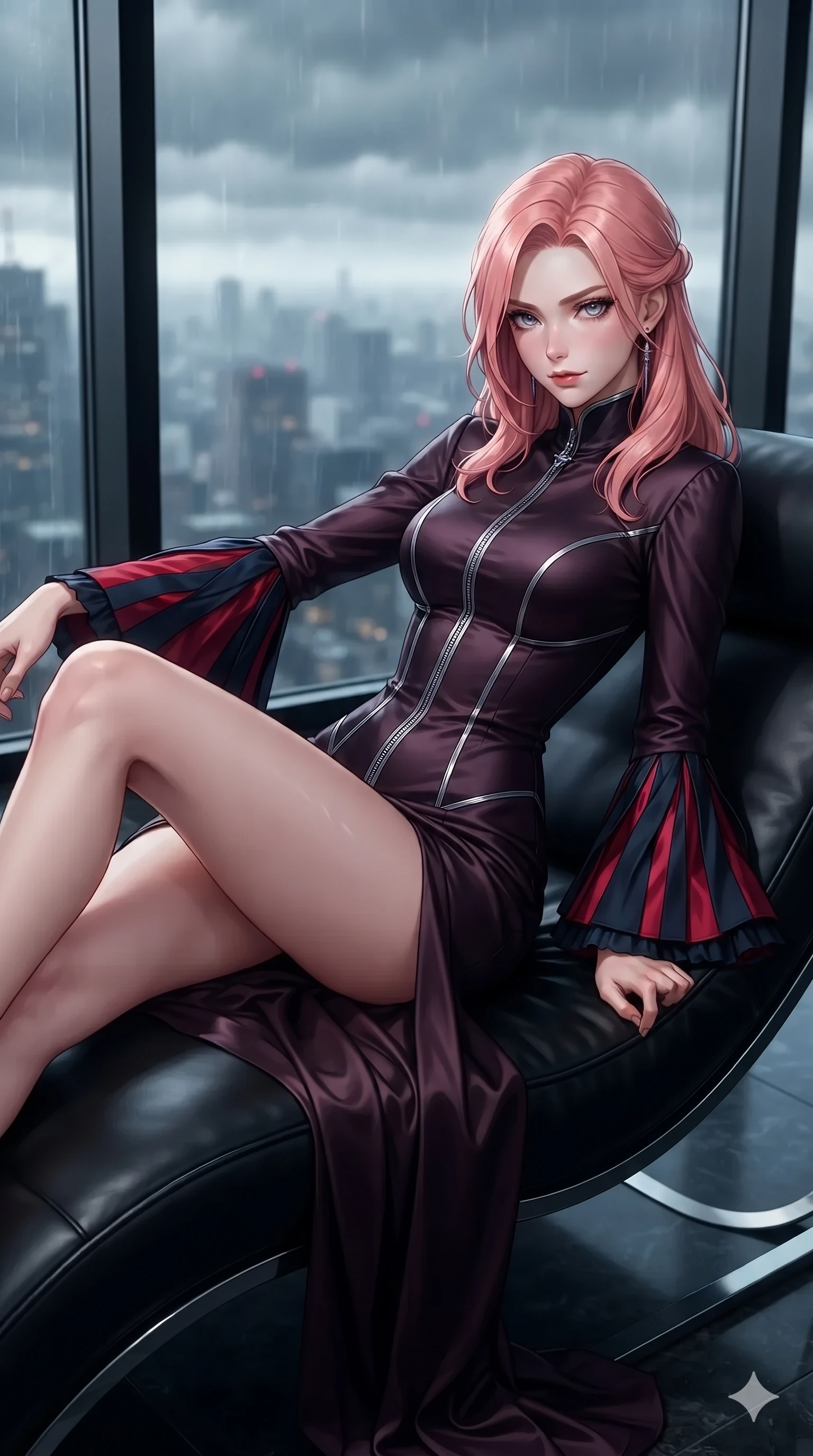 score_9, masterpiece, best quality, ultra-detailed, high-budget anime keyframe, editorial fashion photography, tasteful artistic composition, Japanese woman. close-up cowboy shot from the waist and thighs up, the character dominates the composition, filling the frame with her large presence. twisting her slender torso in a deep contrapposto stance, hips dramatically shifted to accentuate her feminine curves while reclining on the sleek curved black leather lounge beside the panoramic window, one knee drawn up to showcase her slender leg line. The background shows a soft-focus high-altitude luxury glass penthouse softened in storm-swept metropolitan shallow focus. She has an exceptionally elegant, slender, and willowy female figure with an ultra-slim waist, flat toned midriff, narrow ribcage, and sculpted feminine hips creating an alluring, slim hourglass silhouette without bulk. sharp v-shaped jawline, high-bridge nose, intricate jewel-like dark sparkling eyes with hypnotic seductive depth, thick curled eyelashes, glossy parted lips with a natural wine sheen, alluring bedroom-eyes with an enigmatic smoldering smile, exuding magnetic sovereign charisma and dark avant-garde glamour, flawlessly proportioned anatomical accuracy, strict slender model proportions, natural body alignment, perfectly sculpted long slender limbs, ultra-slim waistline, clean dynamic posture without body distortion. wearing a gothic high-collar dark plum silk evening gown with long bell sleeves in crimson laser red and cold midnight shadow tones, woven from bespoke high-density barathea wool with refined ceremonial hold, finished with metallic silver boning and sleek zipper points, accentuating her gracefully sculpted slender torso and statuesque proportions. illuminated by storm-lit exterior city bounce and sharp electric-sapphire rim lights defining her razor-sharp jawline, narrow waist, and curvy hips. ultra-reflective glossy finish, specular highlights, metallic sheen, high-contrast stereoscopic depth, volumetric dynamic lighting, 2k, ultra detail, master piece, 9:16 ratio