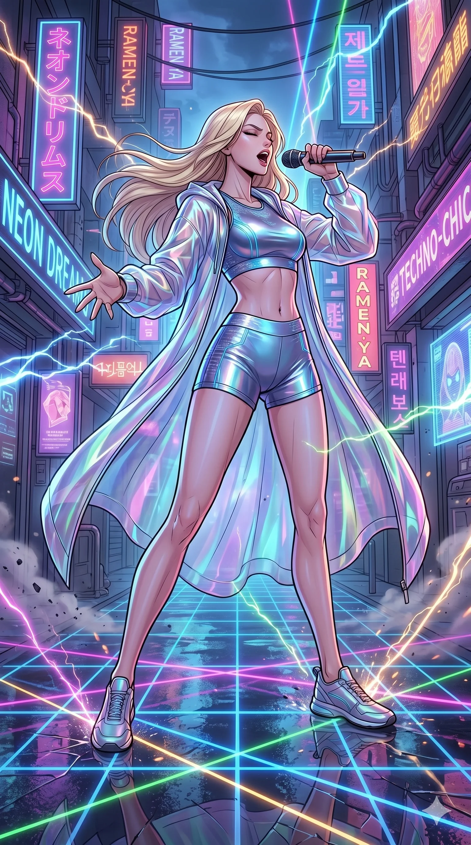 score_9, masterpiece, best quality, ultra-detailed, high-budget anime movie keyframe, cinematic anime lighting, intricate line art, Caucasian (strictly human ears) woman. Low angle cowboy shot filling the entire 9:16 frame with her statuesque presence. singing on a laser stage in a neon-lit cyberpunk alleyway with lightning lasers. She has an absolutely perfect 8-heads proportion, an exceptionally tall and slender female figure with an ultra-slim waist and impossibly long slender legs. sharp v-shaped jawline, high-bridge nose, intricate jewel-like eyes, thick eyelashes, glossy lips. Wearing premium athleisure set with a metallic-finish compression top, high-cut yoga shorts that accentuate her long legs, and a sheer oversized hoodie. The scene is illuminated by dramatic atmospheric lighting and vibrant color palettes. , 2k, ultra detail, master piece, 9:16 ratio