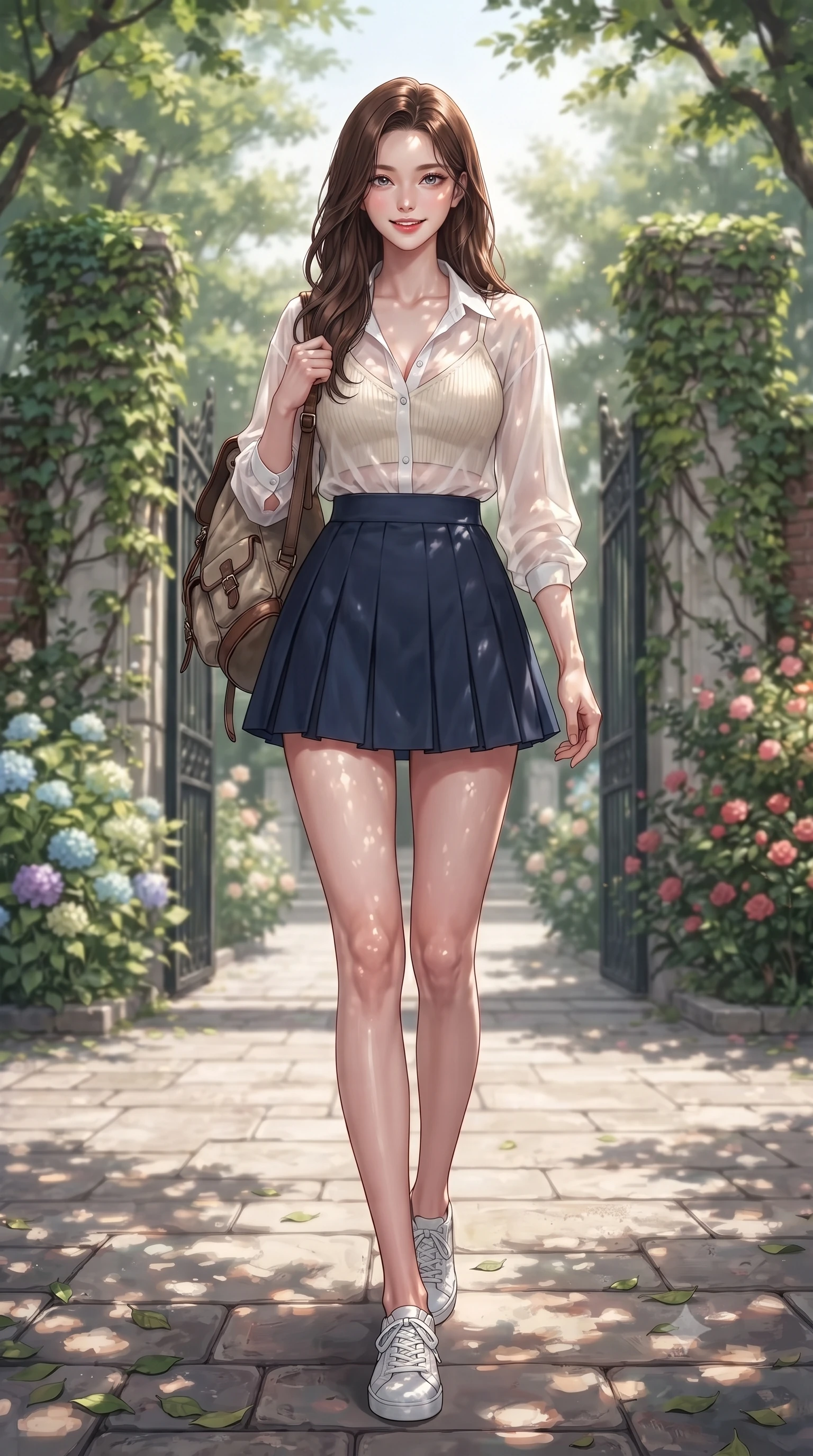 score_9, masterpiece, best quality, ultra-detailed, high-budget anime keyframe, editorial fashion photography, tasteful artistic composition, Korean woman. low angle full-body shot from head to toe showing her feet, filling the entire 9:16 vertical frame with her statuesque presence, stretching her vertical silhouette. stepping forward with an alluring, magnetic smile, her graceful posture highlighting her statuesque silhouette set against a soft-focus background of near a college campus gate draped in green ivy vines and surrounded by flowers carrying a vintage canvas backpack over her shoulder. She has an absolutely perfect, statuesque 8.5-heads proportion, an exceptionally tall and slender model-like female figure with impossibly long slender legs and an ultra-slim waist. sharp v-shaped jawline, high-bridge nose, intricate jewel-like eyes with depth, thick eyelashes, glossy lips with a natural sheen. wearing slim-fit sheer chiffon button-up shirt in white, worn over a slim-fit knit bralette and a mini skirt. dappled sunlight creating beautiful light patterns on her skin and the ground. ultra-reflective glossy finish, specular highlights, metallic sheen, high-contrast stereoscopic depth, volumetric dynamic lighting, 2k, ultra detail, master piece, 9:16 ratio