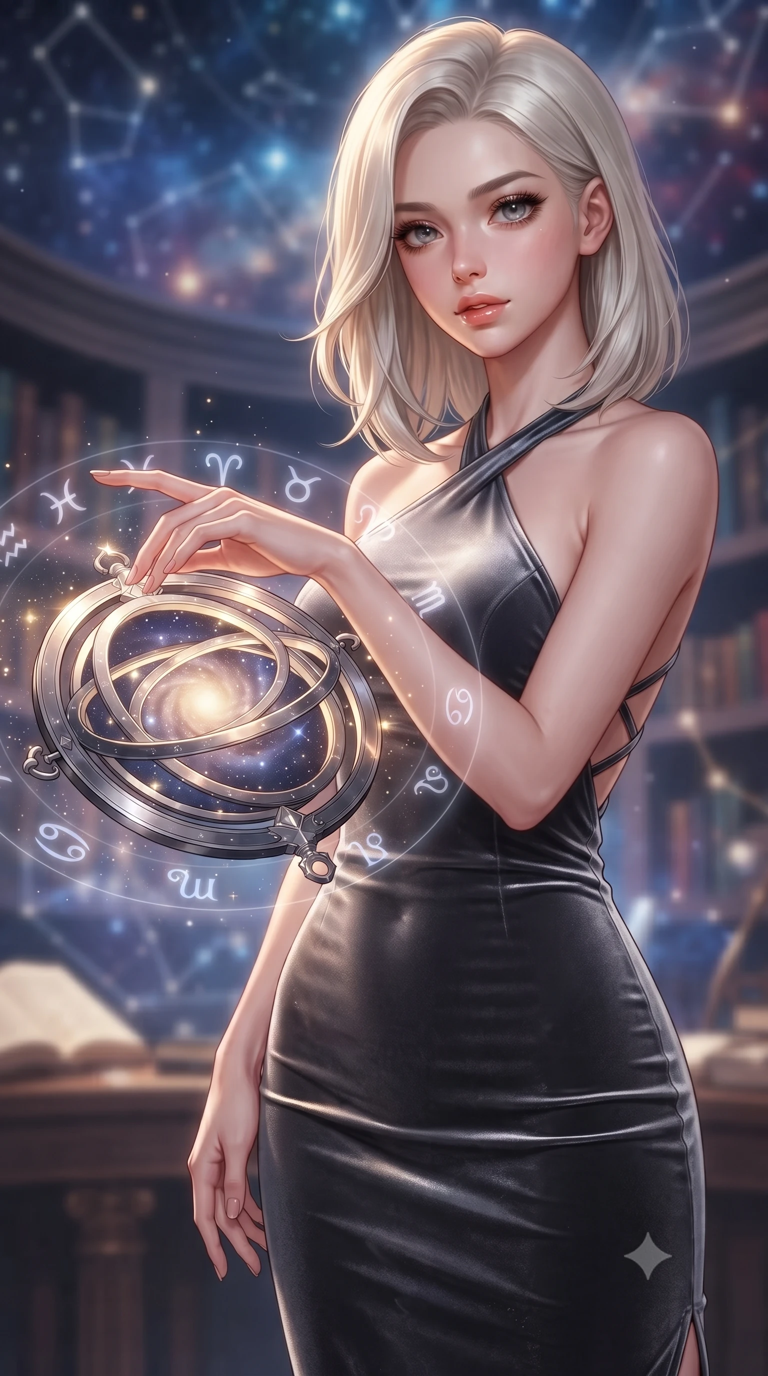 score_9, masterpiece, best quality, ultra-detailed, high-budget anime keyframe, editorial fashion photography, tasteful artistic composition, Caucasian woman. close-up cowboy shot from the waist and thighs up, the character dominates the composition, filling the frame with her large presence, background elements kept in soft focus. Reaching one hand gracefully toward the viewer with effortless superiority and allure adjusting a luminous planetary orbital dial filled with galaxy dust, translucent zodiac glyphs orbiting around her delicate hands. She has an exceptionally elegant, slender, and willowy female figure with an ultra-slim waist, a gracefully sculpted slender torso, and a refined silhouette. sharp v-shaped jawline, high-bridge nose, intricate jewel-like eyes with depth, thick eyelashes, glossy lips with a natural sheen. wearing a velvet halter-neck midi dress following her form like a glove in charcoal grey and platinum, made of premium stretch velvet with a rich sheen, complemented by criss-cross back straps highlighting her bare shoulders, the glove-like fit emphasizing her statuesque silhouette. illuminated by brilliant starlight and warm golden inner glow from the astrolabe. highly saturated vibrant anime colors, detailed shading with soft gradients, rich glossy textures, high-contrast stereoscopic depth, volumetric dynamic lighting, master piece, 9:16 ratio