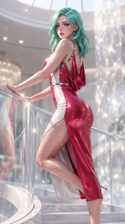 score_9, masterpiece, best quality, ultra-detailed, high-budget anime keyframe, editorial fashion photography, tasteful artistic composition, Japanese woman. low angle full-body shot from head to toe showing her feet, filling the entire 9:16 vertical