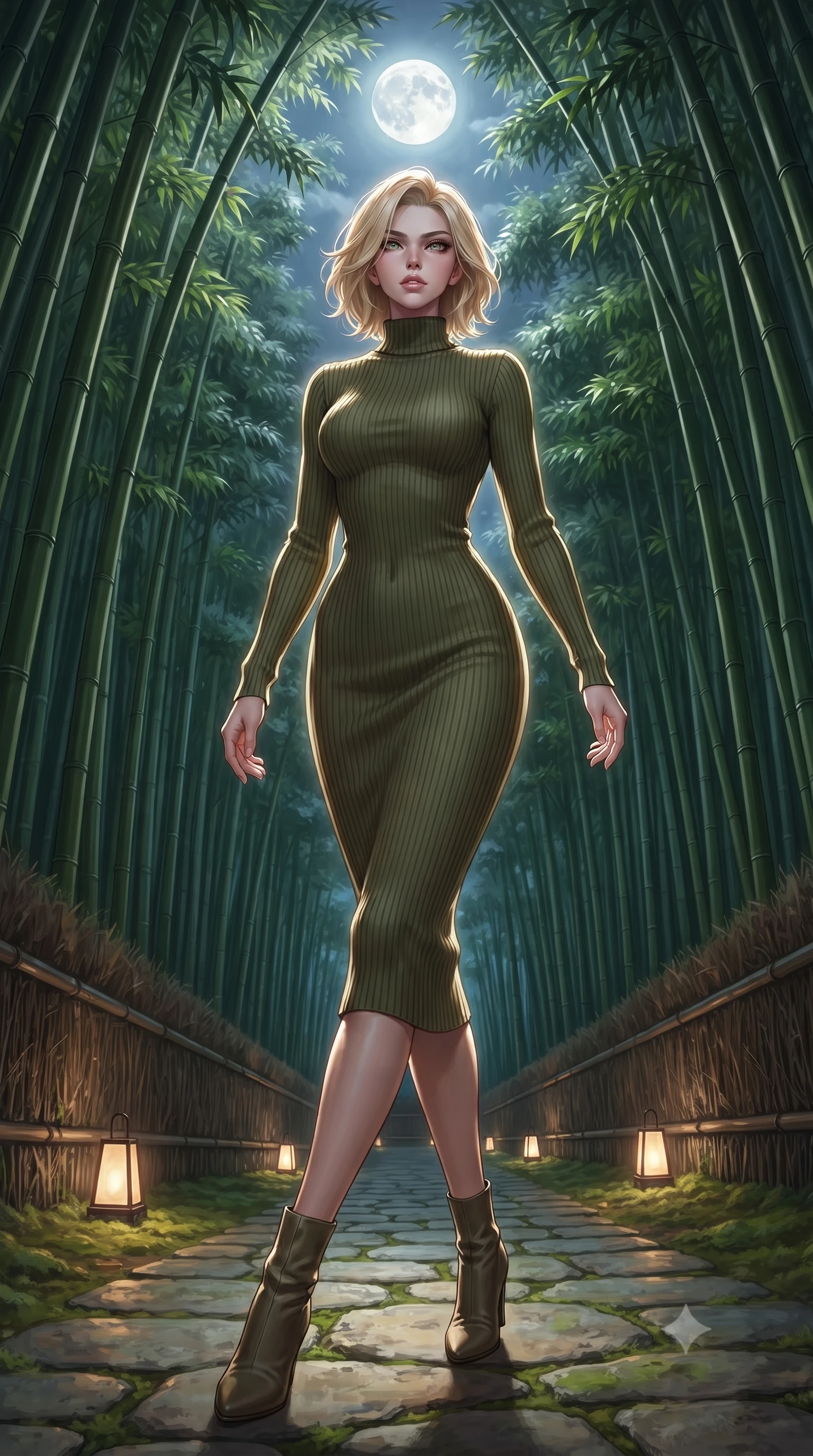 score_9, masterpiece, best quality, ultra-detailed, high-budget anime keyframe, editorial fashion photography, tasteful artistic composition, Caucasian woman, strictly human ears. low angle full-body shot from head to toe showing her feet, filling the entire 9:16 vertical frame with her statuesque presence, stretching her vertical silhouette. stepping elegantly through a perfectly maintained bamboo grove walkway under full moonlight with towering green bamboo stalks creating a natural cathedral stone path with embedded lanterns and soft moss underfoot. She has a statuesque 8.5-heads proportion, an exceptionally tall, slender and willowy model-like build with impossibly long legs and a highly sculpted ultra-slim waist. sharp v-shaped jawline, high-bridge nose, intricate jewel-like eyes with depth, thick eyelashes, glossy lips with a natural sheen. wearing a form-fitting olive green ribbed-knit midi dress with a high collar, contouring her willowy torso and narrow waist. dramatic backlight creating a radiant halo effect around her entire silhouette. 2k, ultra detail, master piece, 9:16 ratio