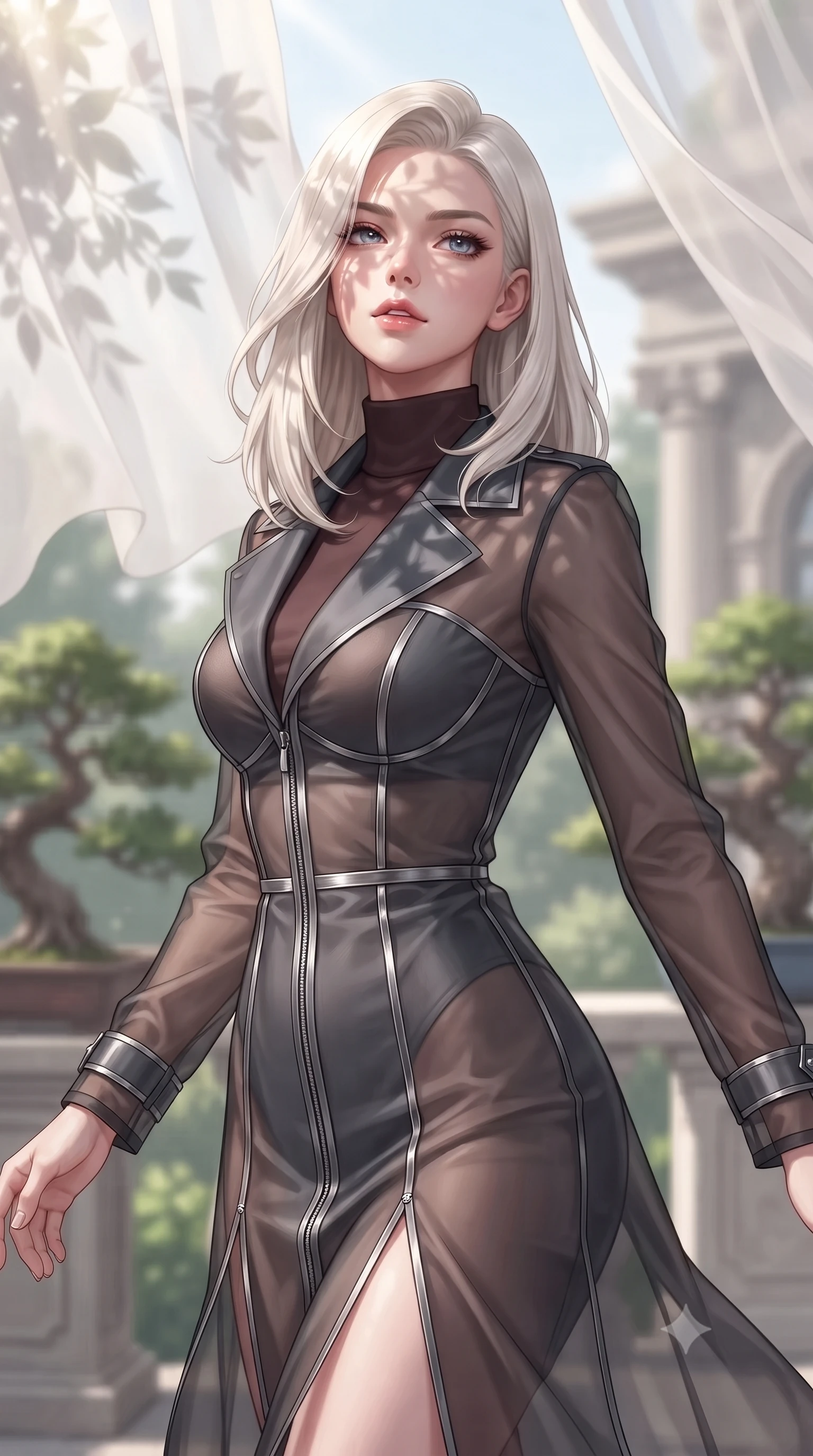 score_9, masterpiece, best quality, ultra-detailed, high-budget anime keyframe, editorial fashion photography, tasteful artistic composition, Caucasian woman. close-up cowboy shot from the waist and thighs up, the character dominates the composition, filling the frame with her large presence, background elements kept in soft focus. Tilting her chin up slightly with lips parted in a composed, magnetic expression, stepping gracefully under a sheer silk canopy fluttering in a gentle breeze, intense volumetric sunbeams filtering through sheer linen casting soft leaf stencil shadows. She has an exceptionally elegant, slender, and willowy female figure with an ultra-slim waist, a gracefully sculpted slender torso, and a refined silhouette. sharp v-shaped jawline, high-bridge nose, intricate jewel-like eyes with depth, thick eyelashes, glossy lips with a natural sheen. wearing structured charcoal trench dress over sleek turtleneck in dark mahogany, made of sheer dark organza overlay, finished with metallic silver boning and sleek zipper points, the fitted fabric emphasizing her ultra-slim waist. illuminated by bright natural key rays and soft ambient fill light. highly saturated vibrant anime colors, detailed shading with soft gradients, rich glossy textures, high-contrast stereoscopic depth, volumetric dynamic lighting, master piece, 9:16 ratio