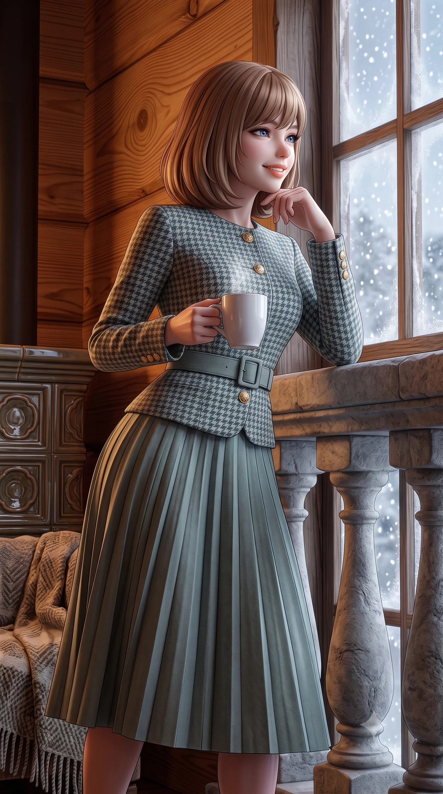 score_9, masterpiece, best quality, ultra-detailed, high-budget anime keyframe, semi-realistic 3D game render, editorial fashion photography, tasteful artistic composition, Caucasian woman. close-up cowboy shot from the waist and thighs up, the character dominates the composition, filling the frame with her large presence. resting one elbow on the stone balustrade, chin poised lightly on her hand with intelligent, charming warmth while walking toward the frosted timber window with a steaming porcelain mug, looking out at the falling snowflakes with wonder. The surrounding environment is rendered in vivid detail and crisp panoramic clarity: sharp tight annual growth rings in fragrant pine timber, glazed ceramic stove relief patterns, and hand-woven wool throw textures in deep focus. She has an exceptionally elegant, slender, and willowy female figure with an ultra-slim waist, flat toned midriff, narrow ribcage, and sculpted feminine hips creating an alluring, slim hourglass silhouette without bulk. sharp v-shaped jawline, high-bridge nose, intricate jewel-like sparkling eyes with depth, thick eyelashes, glossy parted lips with a natural peach sheen, bright cheerful beaming smile with an enchanting and coquettish sensual glint, exuding both youthful cute charm and seductive allure, flawlessly proportioned anatomical accuracy, strict slender model proportions, natural body alignment, perfectly sculpted long slender limbs, ultra-slim waistline, clean dynamic posture without body distortion. wearing a structured houndstooth tweed jacket with gold embossed buttons and a matching pleated A-line midi skirt in misty Arashiyama bamboo green and slate grey, woven from fine Australian merino wool with a smooth fluid drape and subtle sheen, complemented by classic polished leather oxfords with brogue perforations, the structured cinched belt emphasizing her narrow waistline and gracefully balanced proportions with timeless haute-couture polish. illuminated by honey pine wall reflection bounce and warm buttery rim lights sculpting her features and slender hourglass curves. highly saturated vibrant anime colors, detailed shading with soft gradients, rich glossy textures, high-contrast stereoscopic depth, volumetric dynamic lighting, master piece, 9:16 ratio