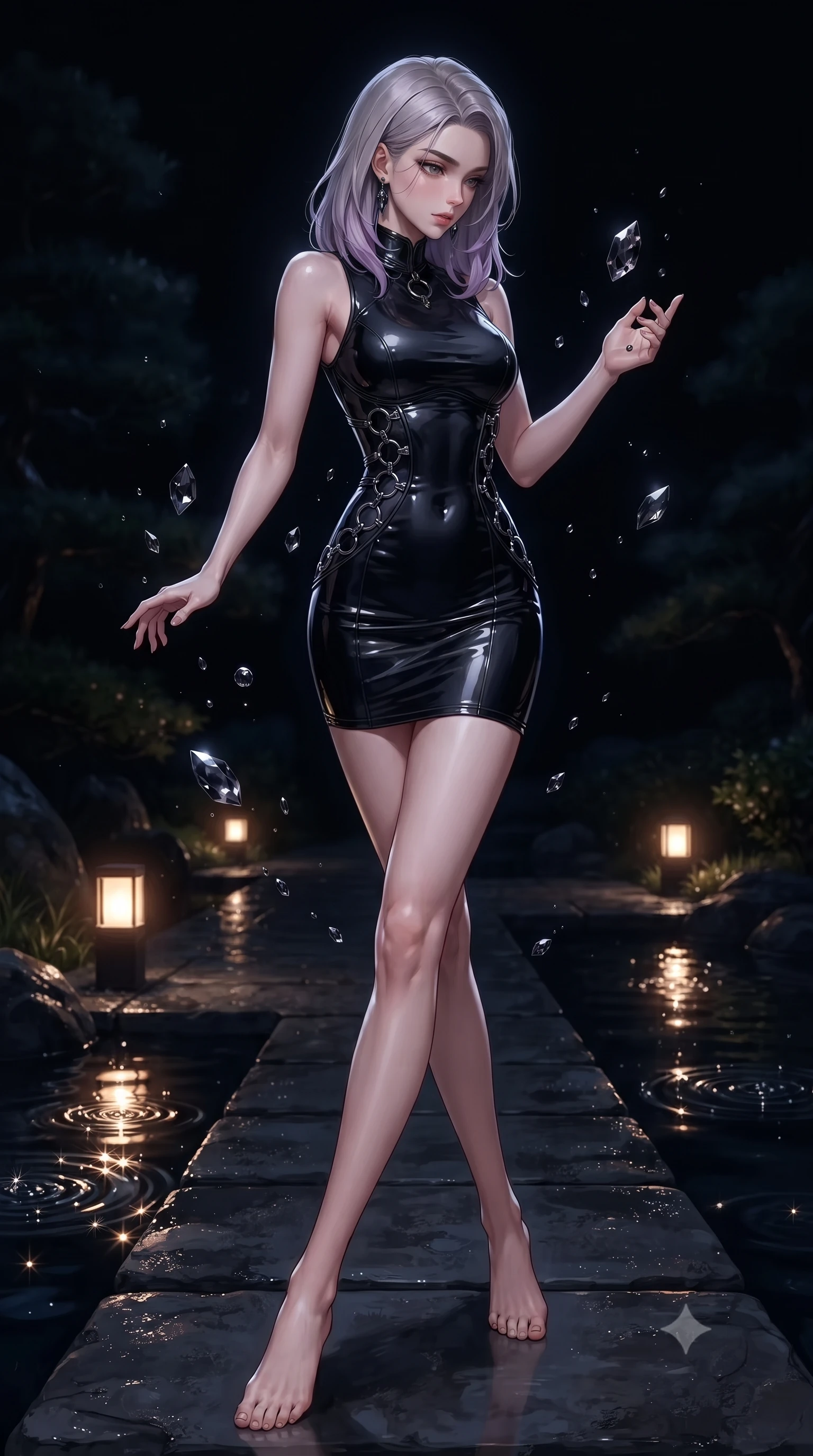 score_9, masterpiece, best quality, ultra-detailed, high-budget anime keyframe, editorial fashion photography, tasteful artistic composition, Caucasian woman. low angle full-body shot from head to toe showing her feet, filling the entire 9:16 vertical frame with her statuesque presence, stretching her vertical silhouette. interacting with floating dark crystal particles, her long slender legs poised in motion, navigating a dark wet stone pathway illuminated by low amber garden lights, gentle rain ripples creating glistening reflections on dark water surfaces. She has an absolutely perfect, statuesque 8.5-heads proportion, an exceptionally tall and slender model-like female figure with impossibly long slender legs and an ultra-slim waist. sharp v-shaped jawline, high-bridge nose, intricate jewel-like eyes with depth, thick eyelashes, glossy lips with a natural sheen. wearing precision-fitted bodycon dress in high-gloss liquid vinyl in smoky pitch black, made of high-gloss liquid vinyl, trimmed with dark chrome ring hardware along the waist contours, following her slender form with tailored precision. bathed in wet nocturnal reflections against deep dark pitch-black shadows. highly saturated vibrant anime colors, detailed shading with soft gradients, rich glossy textures, high-contrast stereoscopic depth, volumetric dynamic lighting, master piece, 9:16 ratio