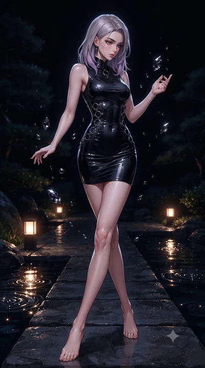 score_9, masterpiece, best quality, ultra-detailed, high-budget anime keyframe, editorial fashion photography, tasteful artistic composition, Caucasian woman. low angle full-body shot from head to toe showing her feet, filling the entire 9:16 vertica
