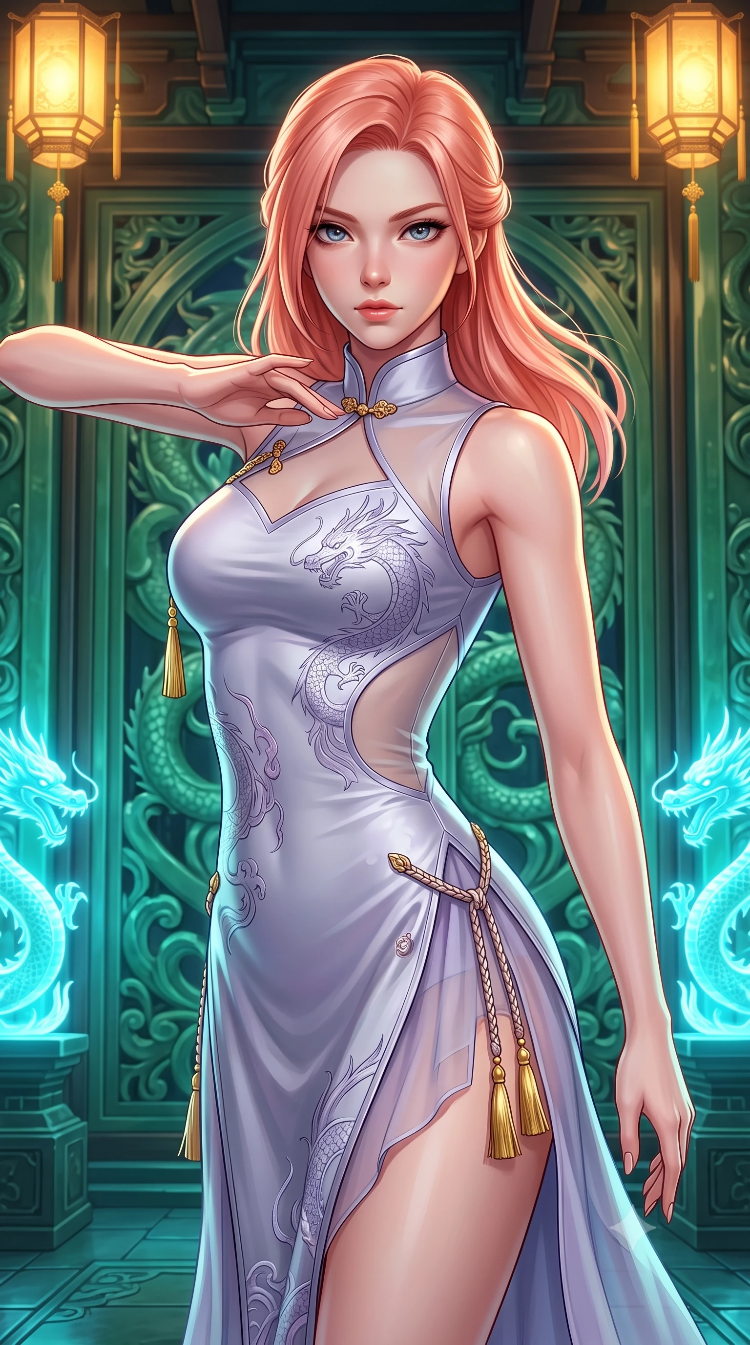 score_9, masterpiece, best quality, ultra-detailed, high-budget anime keyframe, semi-realistic 3D game render, editorial fashion photography, tasteful artistic composition, Japanese woman. close-up cowboy shot from the waist and thighs up, the character dominates the composition, filling the frame with her large presence. radiating intense magnetic charisma with jewel-like eyes locked onto the viewer, her upper body turning in a dynamic, fluid S-curve while arching her spine in a fluid martial arts greeting stance before the colossal biomechanical jade palace gates. The surrounding environment is rendered in vivid detail and crisp panoramic clarity. vibrant high-contrast oriental sci-fi chiaroscuro and imperial dragon sanctuary aesthetics in precision. She has an exceptionally elegant, slender, and willowy female figure with an ultra-slim waist, a gracefully sculpted slender torso, toned flat midriff, and a refined slim silhouette. sharp v-shaped jawline, high-bridge nose, intricate jewel-like eyes with depth, thick eyelashes, glossy lips with a natural sheen, captivating and magnetic expression, flawlessly proportioned anatomical accuracy, strict slender model proportions, natural body alignment, perfectly sculpted long slender limbs, ultra-slim waistline, clean dynamic posture without body distortion. wearing a dragon-embroidered silk cheongsam modern dress with asymmetrical sheer mesh cutouts and high Mandarin collar in moonlit silver and lavender mist, tailored from crisp ceremonial cotton and multi-layered translucent chiffon, accessorized with delicate gold bell tassels and braided silk cords, the liquid-tight tailored fabric emphasizing every curve of her tall, slender model proportions and sculptured silhouette during dynamic movement. bathed in luminous cyan dragon spring uplights and warm imperial gold lantern downlights. highly saturated vibrant anime colors, detailed shading with soft gradients, rich glossy textures, high-contrast stereoscopic depth, volumetric dynamic lighting, master piece, 9:16 ratio