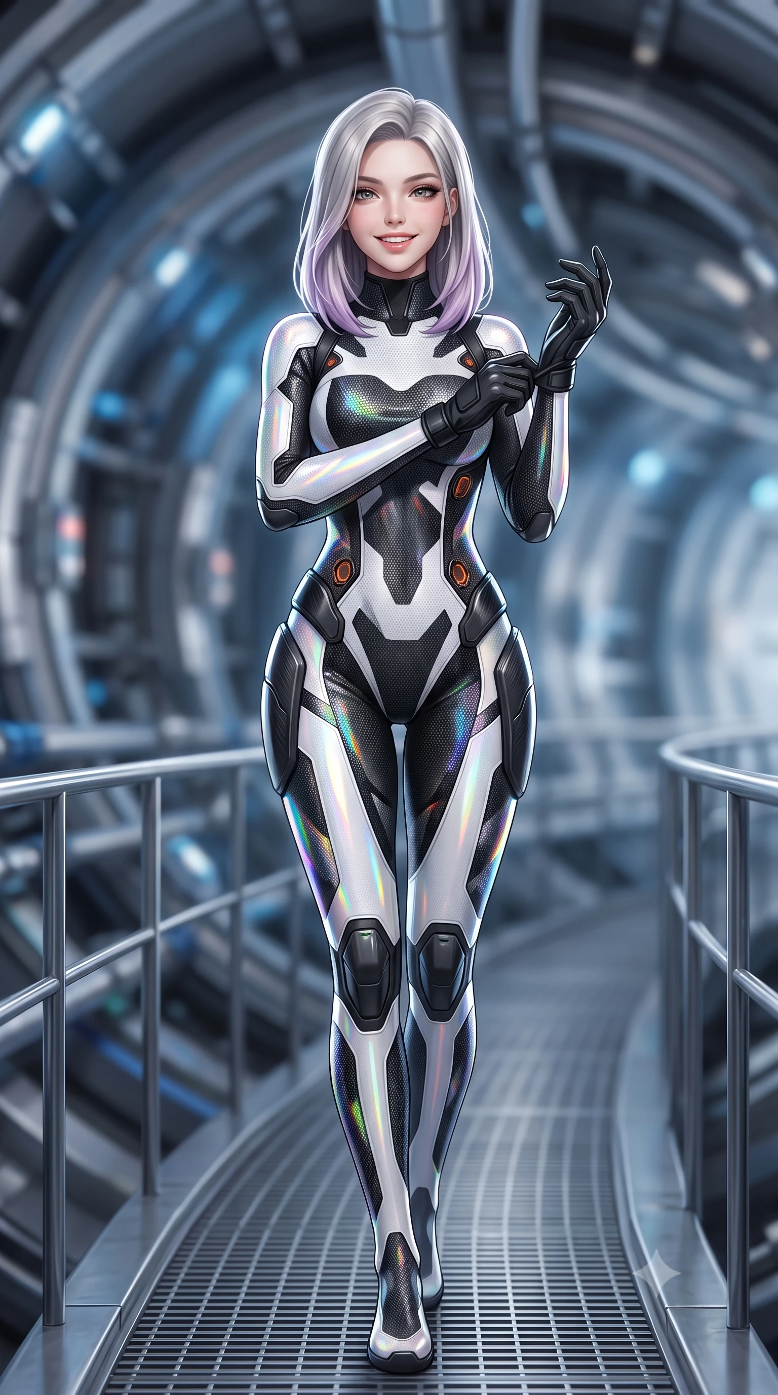 score_9, masterpiece, best quality, ultra-detailed, high-budget anime keyframe, semi-realistic 3D game render, editorial fashion photography, tasteful artistic composition, Caucasian woman. close-up cowboy shot from the waist and thighs up, the character dominates the composition, filling the frame with her large presence. adjusting her tactical glove with cool confidence, her bright smile capturing fresh girlhood charm while her arched torso reveals an intoxicating hip contour while walking slowly along the curving catwalk following the miles-long particle collider ring, arching her back with sovereign scientific charisma. The background shows a soft-focus the curving tunnel of massive circular superconducting magnets and pulsating beam sensors blurred into Cherenkov blue, silver, and charcoal bokeh. She has an exceptionally elegant, slender, and willowy female figure with an ultra-slim waist, flat toned midriff, narrow ribcage, and sculpted feminine hips creating an alluring, slim hourglass silhouette without bulk. sharp v-shaped jawline, high-bridge nose, intricate jewel-like sparkling eyes with depth, thick eyelashes, glossy parted lips with a natural sheen, bright confident smile with an enchanting and coquettish sensual glint, exuding both youthful magnetic charm and sovereign high-tech allure, flawlessly proportioned anatomical accuracy, strict slender model proportions, natural body alignment, perfectly sculpted long slender limbs, ultra-slim waistline, clean dynamic posture without body distortion. wearing a second-skin cybernetic stealth suit with active-camo optical mesh and sculpted carbon hip guards in dual-tone high-contrast monochrome black and stark white, woven from layered gossamer holographic organza casting chromatic prism reflections, accented with subtle hexagonal heat-sink vents glowing with dim orange thermal heat, the aerodynamic second-skin silhouette tightly following the natural contour of her hips and long slender legs with youthful 8.5-heads elegance. illuminated by instrument status LEDs and sharp platinum rim lights carving her razor-sharp jawline, narrow waist, and curvy hips. highly saturated vibrant anime colors, detailed shading with soft gradients, rich glossy textures, high-contrast stereoscopic depth, volumetric dynamic lighting, master piece, 9:16 ratio