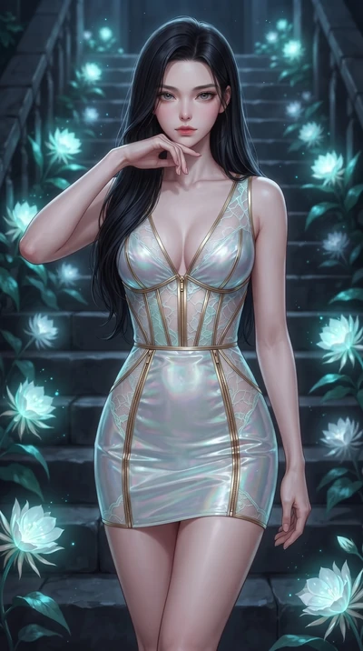 score_9, masterpiece, best quality, ultra-detailed, high-budget anime keyframe, editorial fashion photography, tasteful artistic composition, Korean woman. close-up cowboy shot from the waist and thighs up, the character dominates the composition, fi