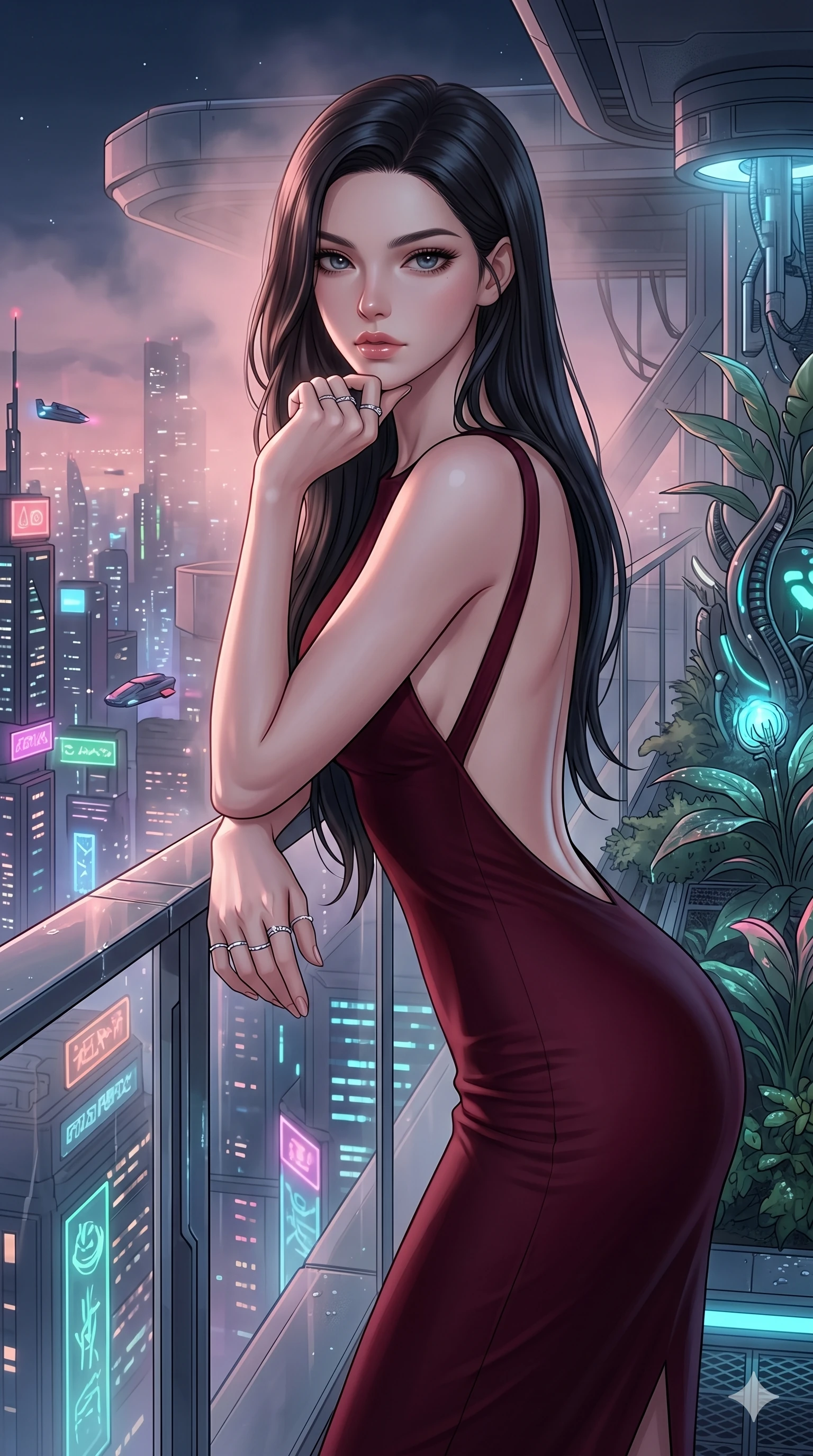score_9, masterpiece, best quality, ultra-detailed, high-budget anime keyframe, editorial fashion photography, tasteful artistic composition, Caucasian woman, strictly human ears. cowboy shot from the thighs up, character and outfit filling the frame for maximum editorial presence. Resting her chin on the backs of her fingers in a confident pose at the edge of a futuristic rooftop garden overlooking a neon-drenched megalopolis at night. She has an absolutely perfect 8-heads proportion, an exceptionally tall and slender female figure with impossibly long slender legs and an ultra-slim waist. V-shaped jawline, high-bridge nose, intricate jewel-like eyes with depth, thick eyelashes, glossy lips with a natural sheen. wearing a deep burgundy bodycon midi dress with a modest front neckline and a dramatically plunging open back held by a single elegant strap, the fitted fabric contouring every curve of her slender body. bathed in soft rose-gold dawn light filtering through atmospheric volumetric fog that wraps her silhouette. 2k, ultra detail, master piece, 9:16 ratio
