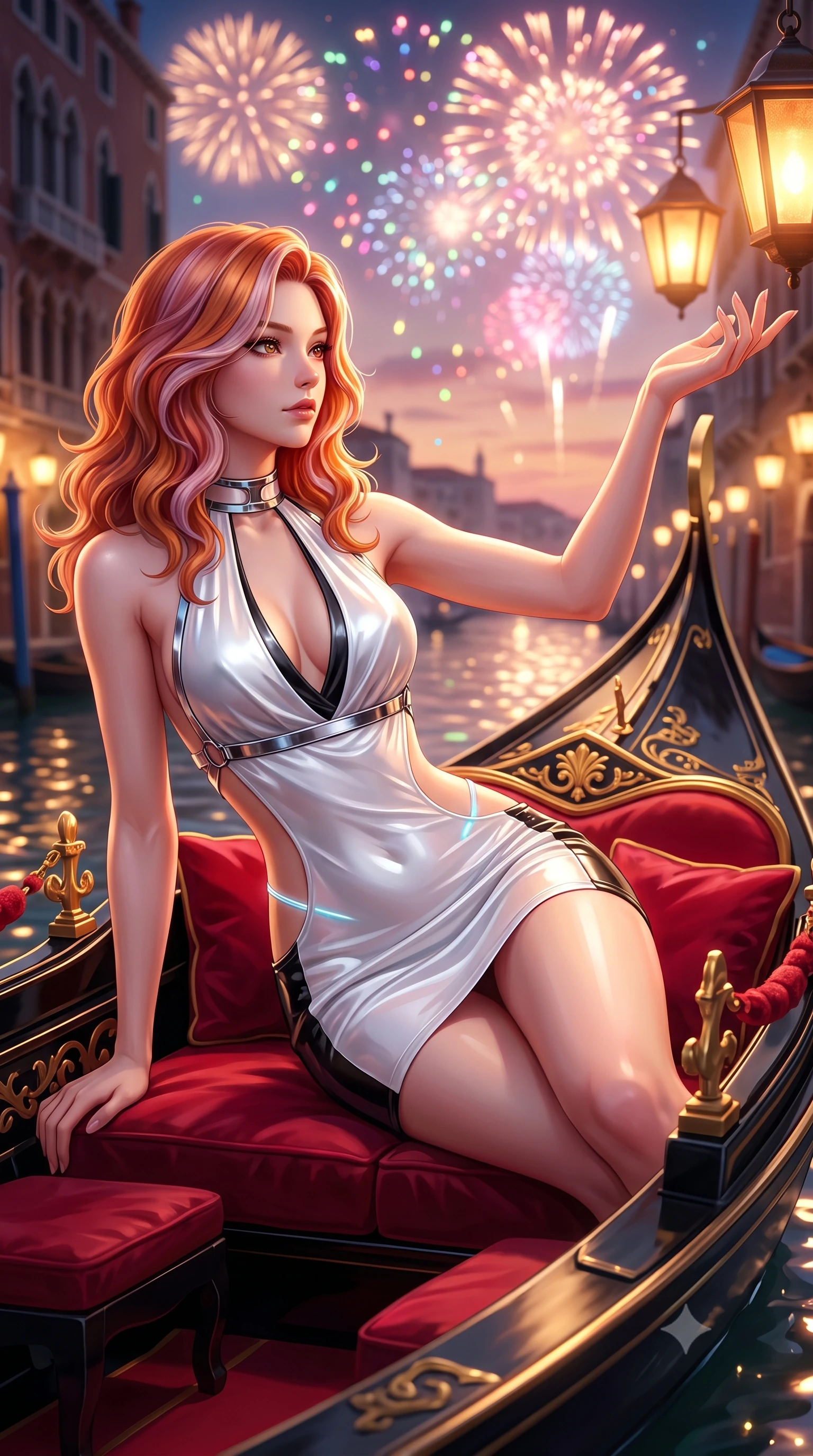 score_9, masterpiece, best quality, ultra-detailed, high-budget anime keyframe, semi-realistic 3D game render, editorial fashion photography, tasteful artistic composition, Caucasian woman. close-up cowboy shot from the waist and thighs up, the character dominates the composition, filling the frame with her large presence. extending one arm gracefully toward the light while her torso arches in a sleek, alluring curve with magnetic intensity while reclining seductively across crimson velvet cushions on an ornate black and gold gondola gliding along Venice's Grand Canal. The composition keeps background elements in soft focus with creamy bokeh. glowing carnival fireworks scattering colorful light motes across a romantic evening sky. She has an exceptionally elegant, slender, and willowy female figure with an ultra-slim waist, a gracefully sculpted slender torso, toned flat midriff, and a refined slim silhouette. sharp v-shaped jawline, high-bridge nose, intricate jewel-like eyes with depth, thick eyelashes, glossy lips with a natural sheen, flawlessly proportioned anatomical accuracy, strict slender model proportions, natural body alignment, perfectly sculpted long slender limbs, ultra-slim waistline, clean dynamic posture without body distortion. wearing a form-contouring liquid satin halter-neck mini dress with a deep crossover cowl front, open back, and ultra-slender waist drape in high-gloss monochrome white and sharp black contrast, tailored from semi-translucent cybernetic vinyl with glowing micro-filaments, reinforced by a sleek metallic chrome harness and delicate glowing micro-straps, the precision-cut daring openings accentuating her delicate midriff, graceful bare collarbones, and ultra-slim feminine waistline. bathed in warm glowing Murano lantern light and sparkling canal water surface reflections. highly saturated vibrant anime colors, detailed shading with soft gradients, rich glossy textures, high-contrast stereoscopic depth, volumetric dynamic lighting, master piece, 9:16 ratio
