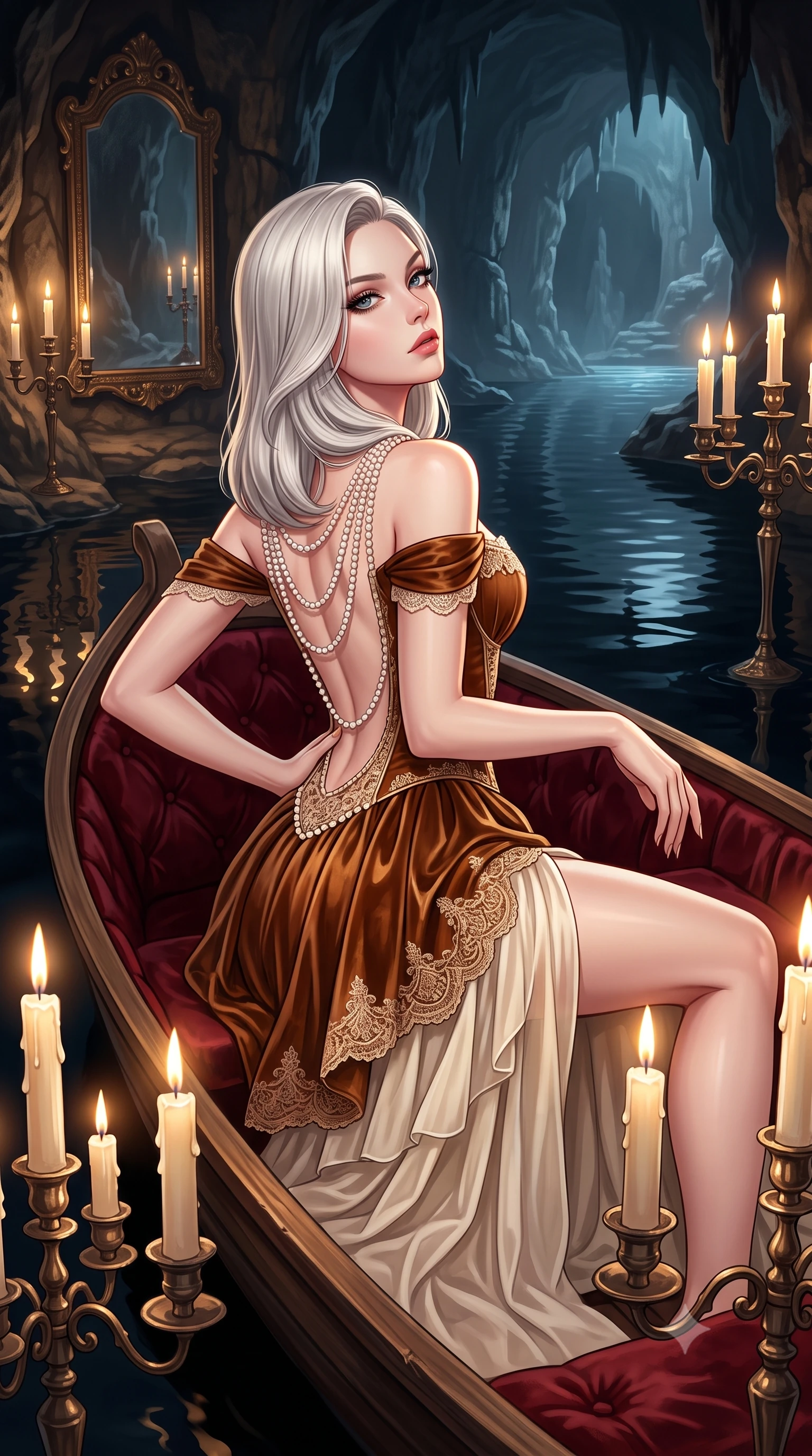 score_9, masterpiece, best quality, ultra-detailed, high-budget anime keyframe, semi-realistic 3D game render, editorial fashion photography, tasteful artistic composition, Caucasian woman. close-up cowboy shot from the waist and thighs up, the character dominates the composition, filling the frame with her large presence. tilting her chin up with proud, sovereign allure while gazing through thick eyelashes, one hand resting on her waist in pure supermodel charisma while reclining languidly on an antique velvet-lined skiff floating on the subterranean black lake, arching her spine with one knee bent as candlelight traces her curvy hips. The surrounding environment is rendered in vivid detail and crisp panoramic clarity. detailed antique lace embroidery, mirror bevel clarity, and dripping candle wax beads in high clarity. She has an exceptionally elegant, slender, and willowy female figure with an ultra-slim waist, flat toned midriff, narrow ribcage, and sculpted feminine hips creating an alluring, slim hourglass silhouette without bulk. sharp v-shaped jawline, high-bridge nose, intricate jewel-like eyes with depth, thick eyelashes, glossy parted lips with a natural sheen, intensely captivating and seductive bedroom-eyes expression, flawlessly proportioned anatomical accuracy, strict slender model proportions, natural body alignment, perfectly sculpted long slender limbs, ultra-slim waistline, clean dynamic posture without body distortion. wearing an off-shoulder French court corset bodice dress paired with a tiered translucent chiffon slit skirt in rich equestrian cognac brown and crisp champagne cream, crafted from heavyweight crushed silk velvet with liquid vintage luster, accented with a multi-strand pearl back necklace cascading down her bare spine to her hips, the precision-cut side openings and low-back scoop framing her graceful spine and the sensual sweep of her slim, toned hips. surrounded by an immortal, seductive, and dangerously mesmerizing underground opera queen aura. highly saturated vibrant anime colors, detailed shading with soft gradients, rich glossy textures, high-contrast stereoscopic depth, volumetric dynamic lighting, master piece, 9:16 ratio