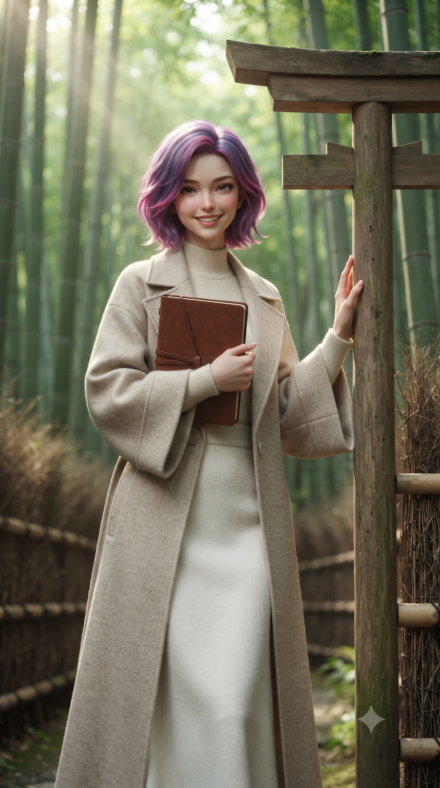 score_9, masterpiece, best quality, ultra-detailed, high-budget anime keyframe, editorial fashion photography, tasteful artistic composition, Caucasian woman. close-up cowboy shot from the waist and thighs up, the character dominates the composition, filling the frame with her large presence. holding a leather notebook close to her chest with both arms, smiling delightfully with youthful scholarly grace while pausing beside a weathered wooden torii gate entrance, one hand resting on the cedar post with timeless Kyoto charm. The background shows a soft-focus soaring green bamboo culms stretching toward the canopy, filtered sunbeams (komorebi), and woven bamboo fences blurred into emerald, chartreuse, and jade bokeh. She has an exceptionally elegant, slender, and willowy female figure with an ultra-slim waist, flat toned midriff, narrow ribcage, and sculpted feminine hips creating an alluring, slim hourglass silhouette without bulk. sharp v-shaped jawline, high-bridge nose, intricate jewel-like sparkling eyes with depth, thick eyelashes, glossy parted lips with a natural peach sheen, bright cheerful beaming smile with an enchanting and coquettish sensual glint, exuding both youthful cute charm and seductive allure, flawlessly proportioned anatomical accuracy, strict slender model proportions, natural body alignment, perfectly sculpted long slender limbs, ultra-slim waistline, clean dynamic posture without body distortion. wearing an elegant tailored wool trench with kimono-inspired wide sleeves worn over an ivory mock-neck sweater and long skirt in Swiss alpine snow white and oat cashmere, tailored from heritage British Harris Tweed with rich multi-tonal yarn weave, finished with fine mother-of-pearl cuff buttons catching the soft ambient light, the expertly draped wool fabric falling in crisp fluid lines along her tall 8.5-heads silhouette, celebrating her slender frame without excess fabric bulk. bathed in ethereal shafts of morning sunlight (komorebi) piercing through dense emerald bamboo canopies. ultra-reflective glossy finish, specular highlights, rich textural contrasts, high-contrast stereoscopic depth, volumetric dynamic lighting, 2k, ultra detail, master piece, 9:16 ratio