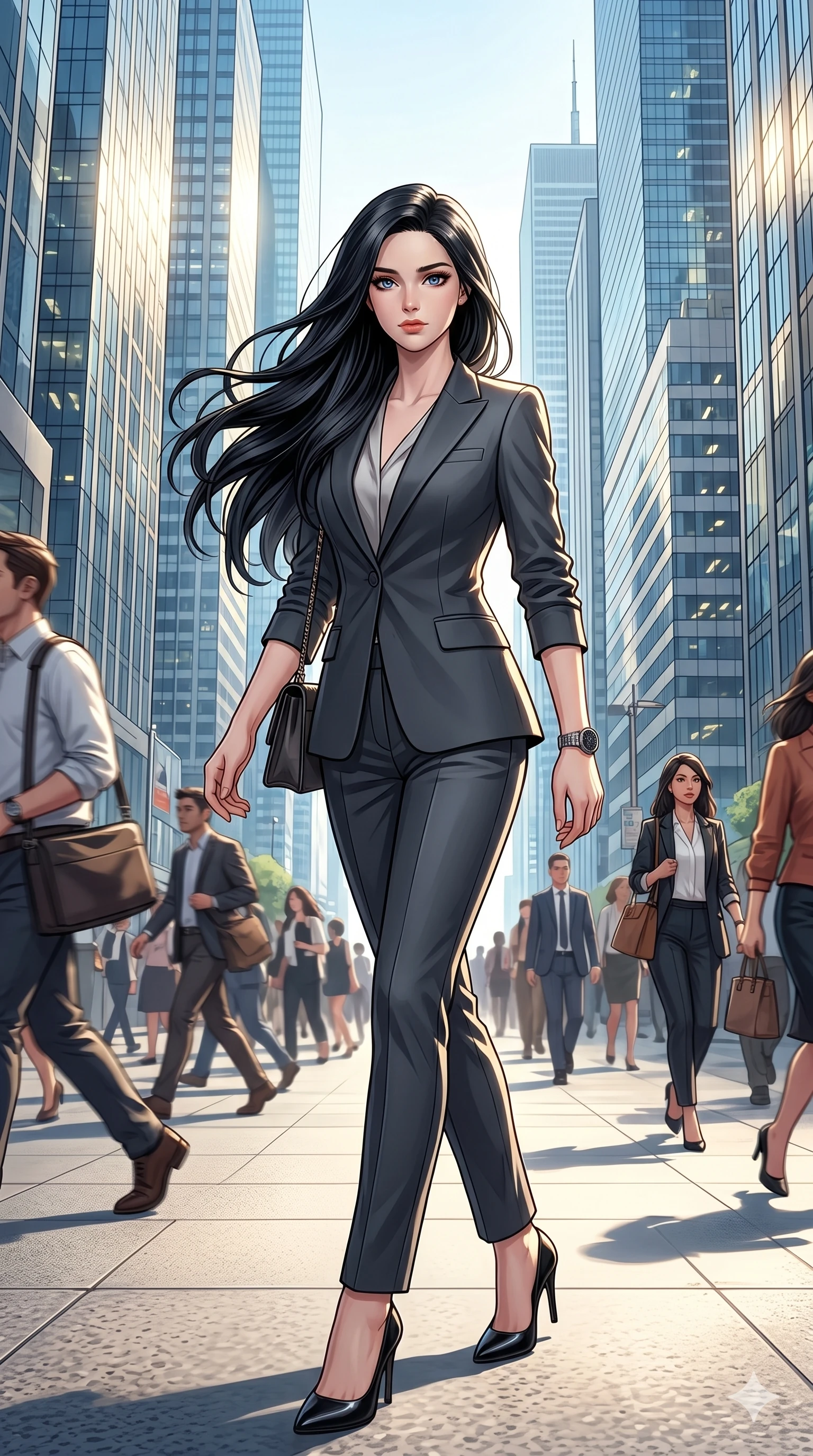 score_9, score_8_up, score_7_up, source_anime, masterpiece, best quality, ultra-detailed, same character with long flowing black hair, wearing a chic tailored designer power pantsuit with high heels, full body shot walking purposefully and confidently down a bustling city sidewalk, modern metropolis, towering glass skyscrapers reflecting sunlight, 2k, 9:16 ratio
