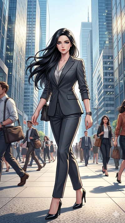 score_9, score_8_up, score_7_up, source_anime, masterpiece, best quality, ultra-detailed, same character with long flowing black hair, wearing a chic tailored designer power pantsuit with high heels, full body shot walking purposefully and confidentl