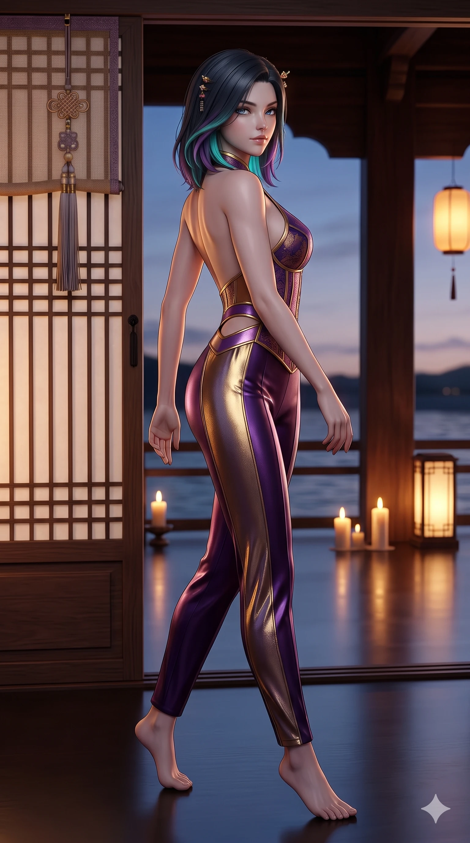 score_9, masterpiece, best quality, ultra-detailed, high-budget anime keyframe, semi-realistic 3D game render, editorial fashion photography, tasteful artistic composition, Caucasian woman. low angle full-body shot from head to toe showing her feet, filling the entire 9:16 vertical frame with her statuesque presence, stretching her vertical silhouette. walking along the waterfront terrace with poise, looking back over her bare shoulder with an irresistible smoldering bedroom-gaze while twisting her slender torso in an alluring contrapposto pose beside the sliding rice-paper door, warm candlelight silhouette outlining her curves. The surrounding environment is rendered in vivid detail and crisp panoramic clarity: detailed boned hanbok bustier tailoring, norigae tassel fringe, and traditional wooden lattice craft in razor-sharp clarity. She has an absolutely perfect, statuesque 8.5-heads proportion, an exceptionally tall and slender model-like female figure with impossibly long slender legs, an ultra-slim waist, a flat toned midriff, narrow delicate ribcage, and beautifully sculpted feminine hips creating a graceful, slim hourglass silhouette without any bulky heaviness. sharp v-shaped jawline, high-bridge nose, sparkling eyes with hypnotic seductive depth, thick curled eyelashes, glossy parted lips with a natural dewy peach sheen, alluring bedroom-eyes with an enchanting coquettish smile, exuding magnetic siren charisma and sophisticated glamour, flawlessly proportioned anatomical accuracy, strict slender model proportions, natural body alignment, perfectly sculpted long slender limbs, ultra-slim waistline, clean dynamic posture without body distortion. wearing a backless liquid metallic lamé plunge halterneck jumpsuit with high-cut side hip cutouts in imperial gold and royal plum purple, crafted from wet-look high-gloss vinyl fabric with dazzling specular surface reflections, finished with delicate mother-of-pearl hairpin ornaments glinting in her dark glossy hair, the glove-like clinging cut tightly following the natural contour of her hips and long slender legs with youthful 8.5-heads elegance. illuminated by polished floor bounce and sharp rose-gold rim lights defining her razor-sharp jawline, narrow waist, and curvy hips. highly saturated vibrant anime colors, detailed shading with soft gradients, rich glossy textures, high-contrast stereoscopic depth, volumetric dynamic lighting, master piece, 9:16 ratio