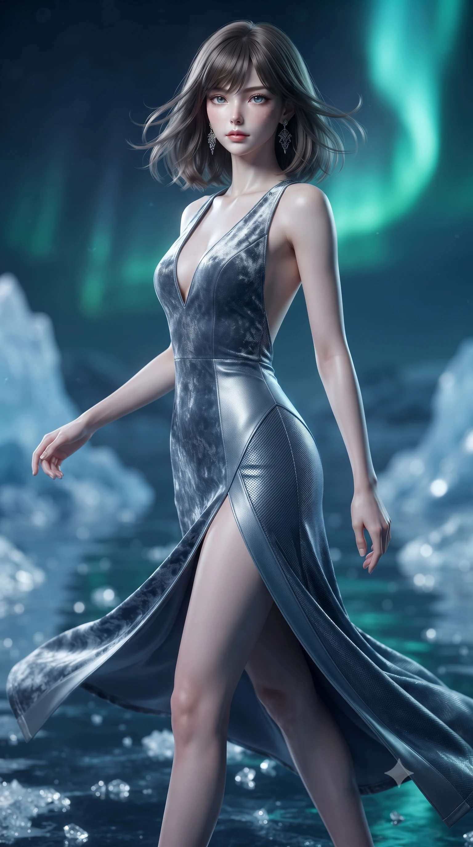 score_9, masterpiece, best quality, ultra-detailed, high-budget anime keyframe, editorial fashion photography, tasteful artistic composition, Korean woman. close-up cowboy shot from the waist and thighs up, the character dominates the composition, filling the frame with her large presence, background elements kept in soft focus. Tilting her chin up with an air of effortless superiority while balancing dynamically amidst the scene while pivoting in a mid-stride turn while her velvet gown swirls over a glacial mirror floor, glimmering ice crystals scattering crisp silver specular highlights everywhere. She has an exceptionally elegant, slender, and willowy female figure with an ultra-slim waist, a gracefully sculpted slender torso, and a refined silhouette. sharp v-shaped jawline, high-bridge nose, intricate jewel-like eyes with depth, thick eyelashes, glossy lips with a natural sheen, flawlessly proportioned anatomical accuracy, natural body alignment, perfectly sculpted elegant limbs, clean dynamic posture without body distortion. wearing a backless crushed velvet gown with a deep V-neckline and high thigh slit in slate blue and metallic silver, made of fine carbon-fiber weave and soft matte leather, finished with a sleek side slit ascending to mid-thigh, the sleek second-skin texture accentuating her magnetic presence. bathed in crisp silver moonlight and vivid cyan-green polar aurora backlighting. ultra-reflective glossy finish, specular highlights, metallic sheen, high-contrast stereoscopic depth, volumetric dynamic lighting, 2k, ultra detail, master piece, 9:16 ratio