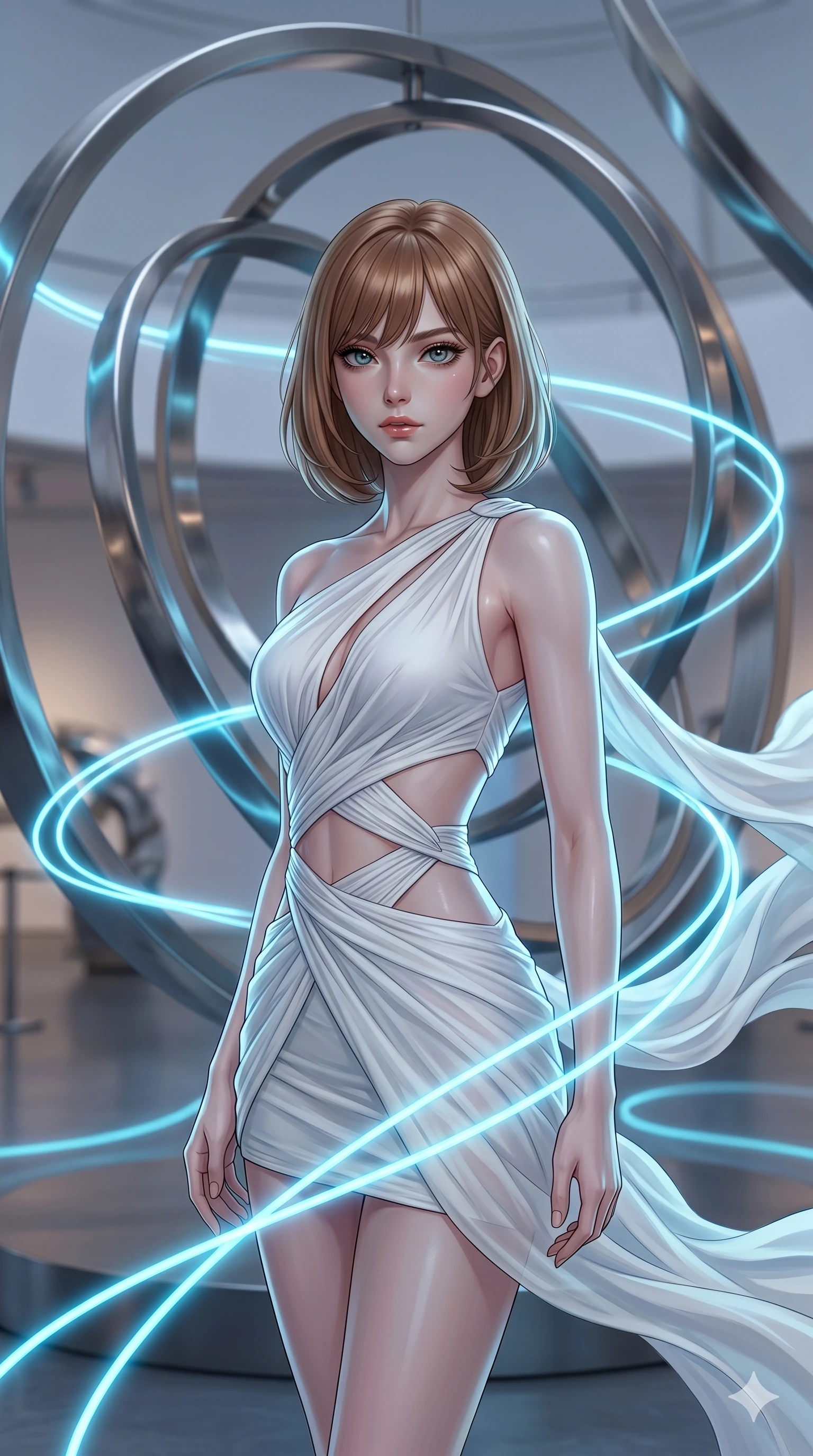 score_9, masterpiece, best quality, ultra-detailed, high-budget anime keyframe, editorial fashion photography, tasteful artistic composition, Caucasian woman, strictly human ears. upper body close-up from the thighs up, character filling the screen for maximum presence. diving deep into inside a kinetic sculpture museum with massive moving metal rings as neon blue fluid lines follow her path like light trails. She has an absolutely perfect 8-heads proportion, an exceptionally tall and slender female figure with impossibly long slender legs and an ultra-slim waist. V-shaped jawline, high-bridge nose, intricate jewel-like eyes with depth, thick eyelashes, glossy lips with a natural sheen.. wearing an asymmetric chiffon draped couture mini dress, featuring draped white chiffon fabric twisting around her body with elegant diamond cutouts on the waist. lit by a soft glowing ambient light and a sharp side key light that traces the sleek contours of her athletic build. 2k, ultra detail, master piece, 9:16 ratio