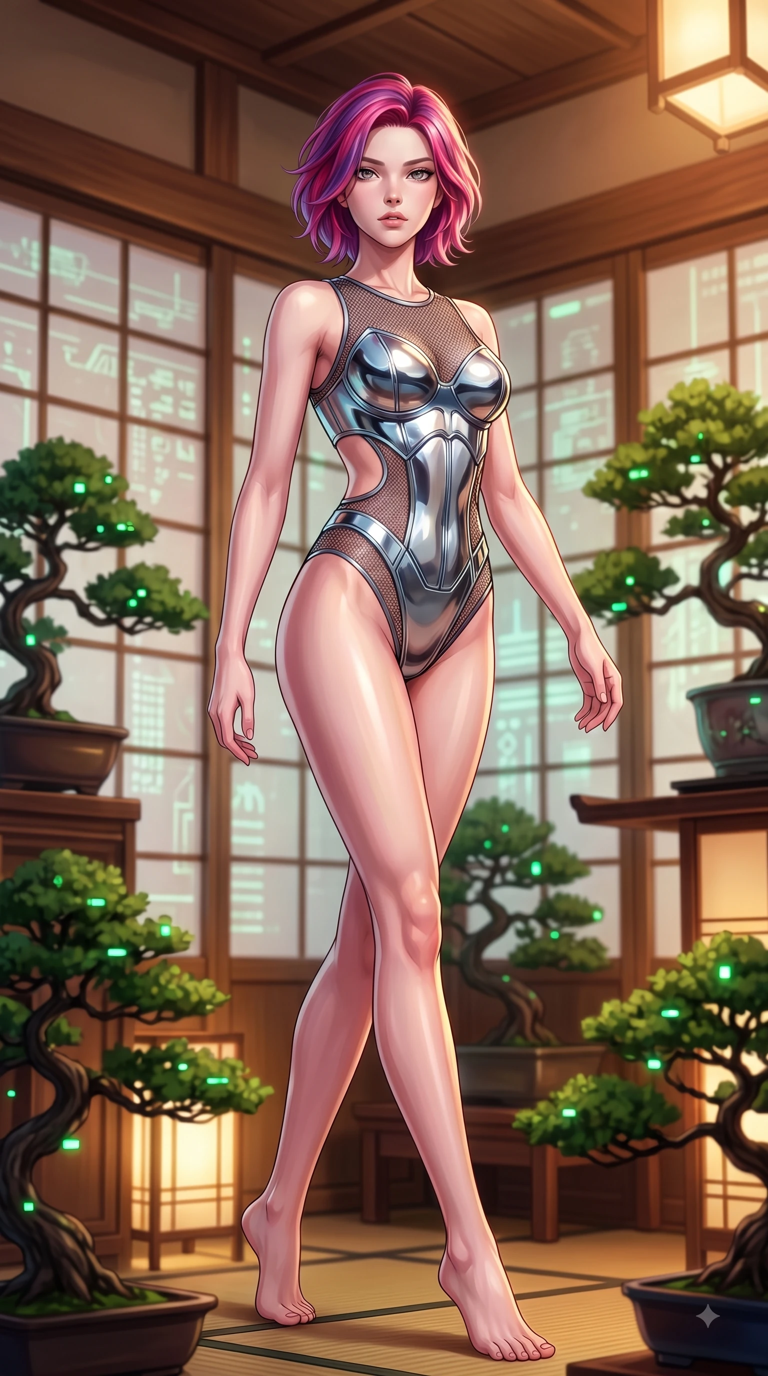 score_9, masterpiece, best quality, ultra-detailed, high-budget anime keyframe, editorial fashion photography, tasteful artistic composition, Caucasian woman woman. low angle full-body shot from head to toe showing her feet, filling the entire 9:16 vertical frame with her statuesque presence, stretching her vertical silhouette. She has an absolutely perfect, statuesque 8.5-heads proportion, an exceptionally tall and slender model-like female figure with impossibly long slender legs and an ultra-slim waist. stepping gracefully forward in a proud statuesque stride, her body turning in a fluid S-curve silhouette, flawlessly proportioned anatomical accuracy, natural body alignment, perfectly sculpted elegant limbs, clean dynamic posture without body distortion. set against a soft-focus background of a cyber-zen tea room with digital shoji screens and bonsai. wearing a high-cut chrome-plated structured bodice over fine dark mesh with side waist cutouts. bathed in soft warm wooden ambient glow with gentle green digital plant highlights. highly saturated vibrant anime colors, detailed shading with soft gradients, rich glossy textures, high-contrast stereoscopic depth, volumetric dynamic lighting, master piece, 9:16 ratio