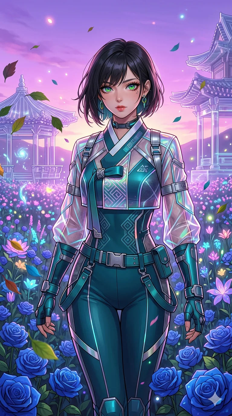 첨부의 캐릭터 얼굴만 유지해, score_9, masterpiece, best quality, ultra-detailed, Set C: High-budget Anime Keyframe, Korean woman. Upper body close-up from the thighs up, character filling the screen for maximum presence. Walking through a field of blue roses under a lavender sky. She has an absolutely perfect 8-heads proportion, an exceptionally tall and slender female figure with an slender waist and ethereal beauty. Sharp v-shaped jawline, high-bridge nose, intricate jewel-like eyes with depth, thick eyelashes, glossy lips. Wearing a Modern Traditional outfit: tech-hanbok with transparent panels and metallic straps. Background is a bright and colorful meadow with glowing flowers and a vibrant purple sunset. 2k, ultra detail, master piece, 9:16 ratio