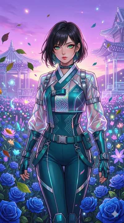 첨부의 캐릭터 얼굴만 유지해, score_9, masterpiece, best quality, ultra-detailed, Set C: High-budget Anime Keyframe, Korean woman. Upper body close-up from the thighs up, character filling the screen for maximum presence. Walking through a field of blue roses und