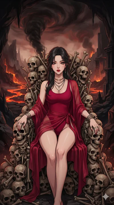 score_9, masterpiece, best quality, ultra-detailed, High-budget Anime Keyframe, beautiful Korean anime girl. Upper body close-up from the thighs up, character filling the screen for maximum presence. Sitting on a throne constructed entirely from thou