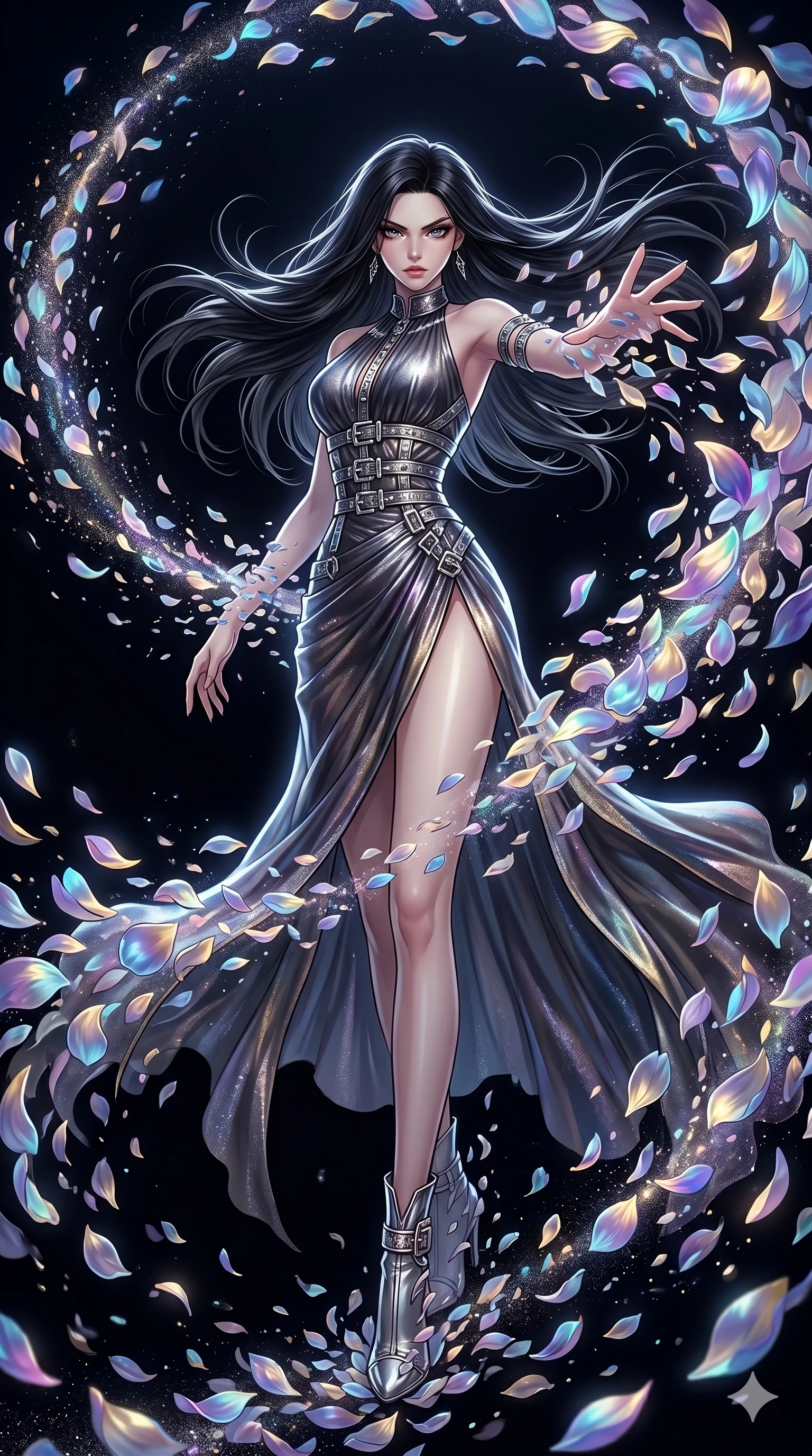 score_9, masterpiece, best quality, ultra-detailed, High-budget Anime Keyframe, East Asian woman. Low angle cowboy shot filling the entire 9:16 frame with her statuesque presence. Scenario 71: Dissolving into a cloud of iridescent silk petals in a void. Her presence is magnetic and overpowering in this high-budget anime scene. Outfit 71: A shimmering chiffon dangerous with a thigh-high slit and metallic buckles. The clothing is designed to emphasize her exceptionally tall and slender 8-heads proportion. 8-heads proportion, towering silhouette, ultra-slim waist. sharp v-shaped jawline, intricate jewel-like eyes with depth, thick eyelashes, glossy lips. 2k, ultra detail, master piece, 9:16 ratio