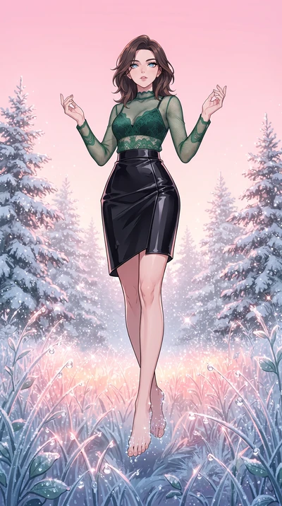 score_9, masterpiece, best quality, ultra-detailed, high-budget anime keyframe, gorgeous anime illustration, artistic 2d flat cel-shaded style, Korean woman. low angle full-body shot from head to toe showing her feet, filling the entire 9:16 vertical