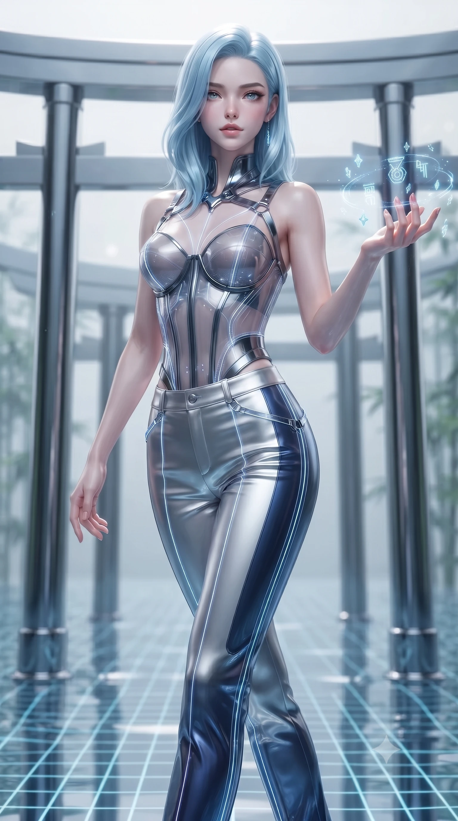 score_9, masterpiece, best quality, ultra-detailed, high-budget anime keyframe, editorial fashion photography, tasteful artistic composition, Korean woman. close-up cowboy shot from the waist and thighs up, the character dominates the composition, filling the frame with her large presence. extending one arm gracefully as floating holographic glyphs and nano-crystals orbit her fingertips with sovereign power while striding gracefully along a mirrored chrome torii gate arcade suspended above a digital water matrix. The composition keeps background elements in soft focus with creamy bokeh. digital water ripple grids and distant bamboo cyber-screens softened by shallow depth of field. She has an exceptionally elegant, slender, and willowy female figure with an ultra-slim waist, a gracefully sculpted slender torso, toned flat midriff, and a refined slim silhouette. sharp v-shaped jawline, high-bridge nose, intricate jewel-like eyes with depth, thick eyelashes, glossy lips with a natural sheen, flawlessly proportioned anatomical accuracy, strict slender model proportions, natural body alignment, perfectly sculpted long slender limbs, ultra-slim waistline, clean dynamic posture without body distortion. wearing a structured translucent cyber-corset paired with tailored high-fashion satin trousers that sharply cinch her ultra-slim waist in liquid platinum silver and deep sapphire blue LED filaments, tailored from semi-translucent cybernetic vinyl with glowing micro-filaments, reinforced by a sleek metallic chrome harness and delicate glowing micro-straps, the sleek second-skin cut tightly hugging her graceful clavicle, narrow waist, and feminine curves with athletic precision. surrounded by an ethereal, timeless, and captivatingly graceful oriental cyber-goddess aura. ultra-reflective glossy finish, specular highlights, dark metallic sheen, high-contrast stereoscopic depth, volumetric dynamic lighting, 2k, ultra detail, master piece, 9:16 ratio