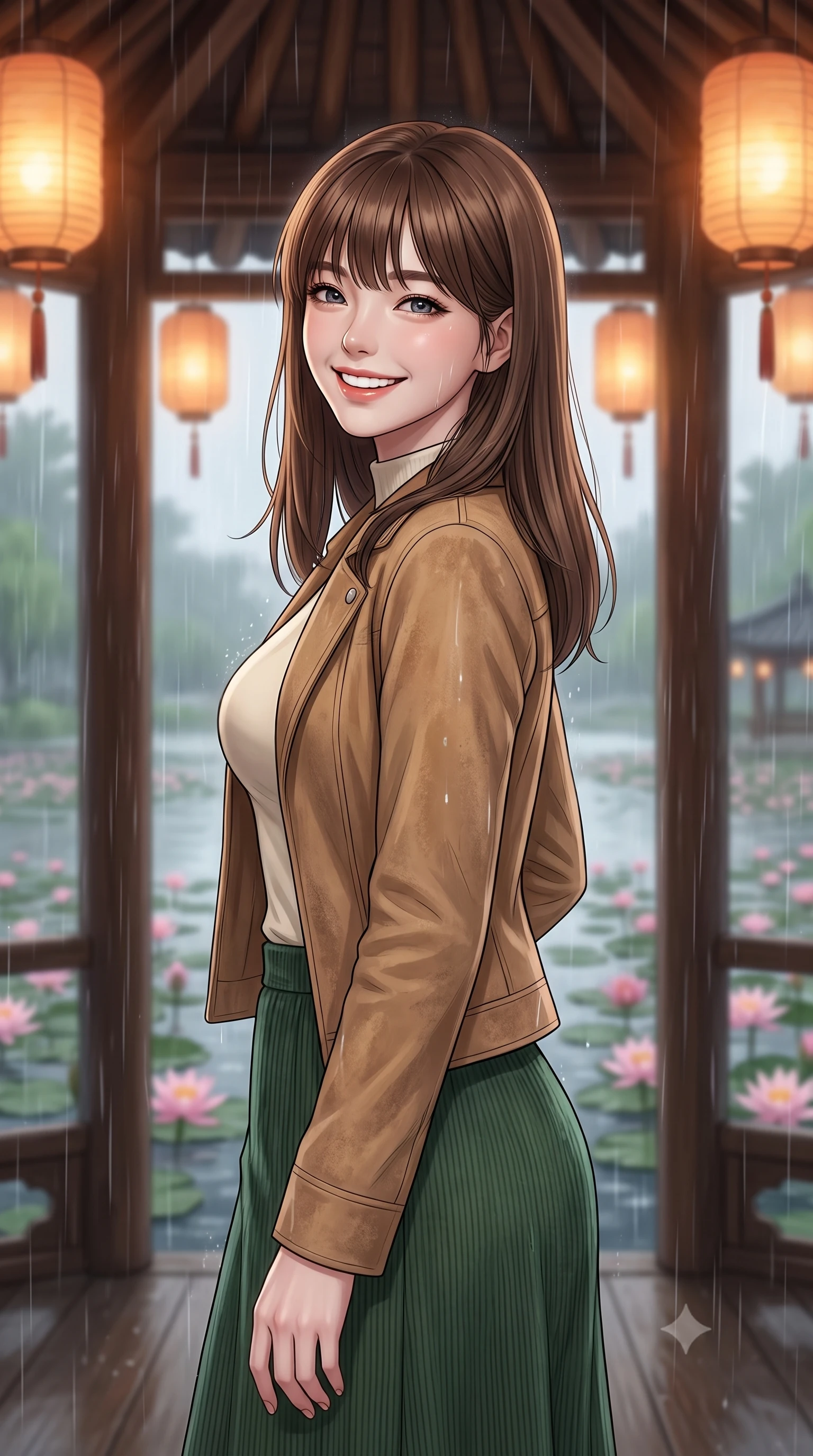 score_9, masterpiece, best quality, ultra-detailed, high-budget anime keyframe, editorial fashion photography, tasteful artistic composition, Korean woman. close-up cowboy shot from the waist and thighs up, the character dominates the composition, filling the frame with her large presence, background elements kept in soft focus. Looking over her shoulder with a bright, welcoming smile and happy eyes. set against a soft-focus background of on a traditional wooden gazebo overlooking a serene lake filled with pink water lilies during a warm, heavy summer monsoon rain shower. She has an exceptionally elegant, slender, and willowy female figure with a highly-defined ultra-slim waist, a gracefully sculpted slender torso, and a refined slim-fit silhouette that contours her form. sharp v-shaped jawline, high-bridge nose, intricate jewel-like eyes with depth, thick eyelashes, glossy lips with a natural sheen. wearing a sleek tailored tan suede jacket over a cream mock-neck top and a forest green corduroy midi skirt. diffused grey rain light with warm glowing paper lanterns on the pavilion ceiling providing a cozy orange contrast. 2k, ultra detail, master piece, 9:16 ratio