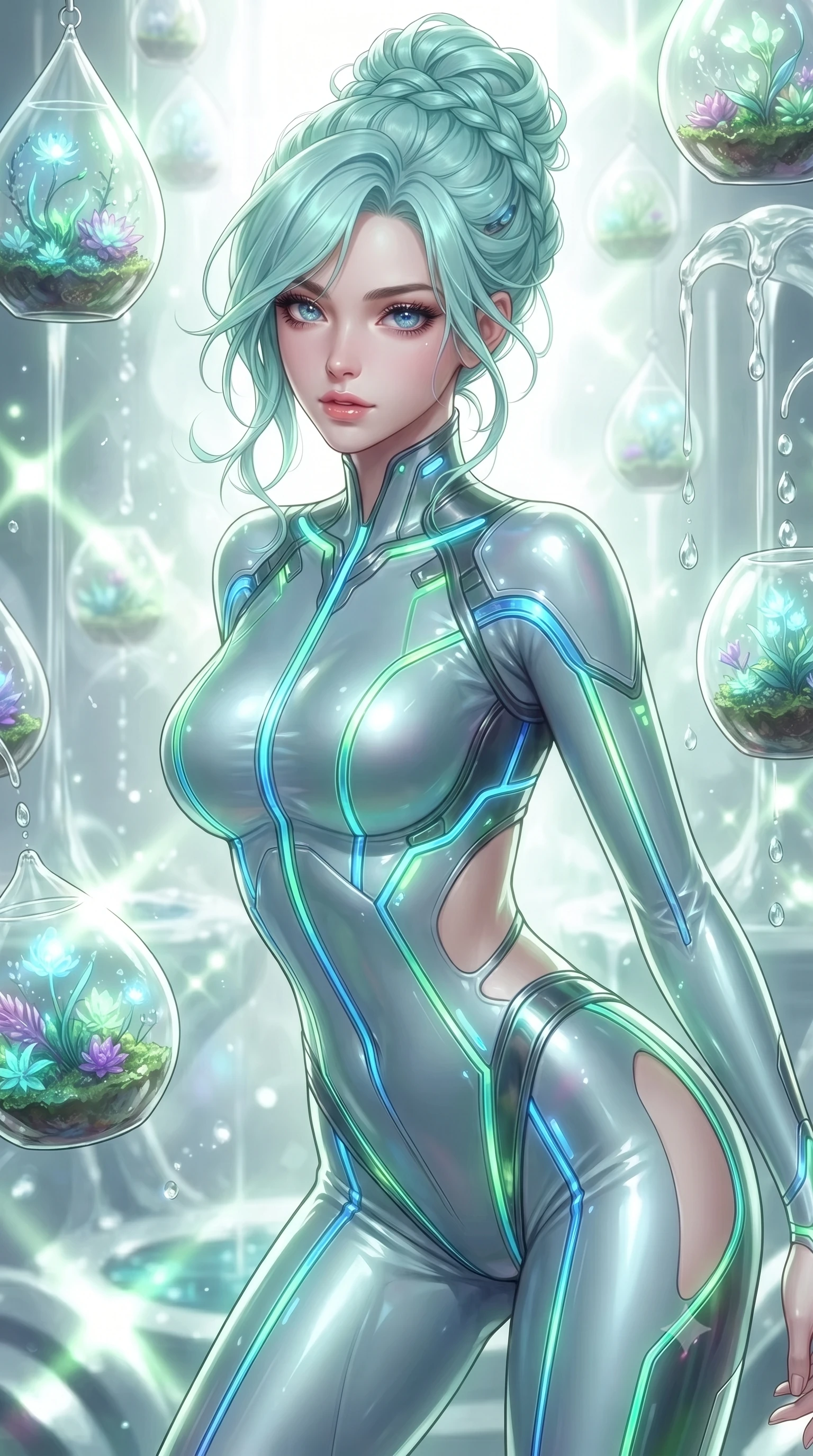 score_9, masterpiece, best quality, ultra-detailed, high-budget anime keyframe, editorial fashion photography, tasteful artistic composition, Japanese woman. close-up cowboy shot from the waist and thighs up, the character dominates the composition, filling the frame with her large presence, background elements kept in soft focus. Leaning slightly forward with a composed, seductive gaze under soft glowing light surrounded by floating glass terrariums and radiant biomorphic vines, translucent water droplets cascading down platinum fountains. She has an exceptionally elegant, slender, and willowy female figure with an ultra-slim waist, a gracefully sculpted slender torso, and a refined silhouette. sharp v-shaped jawline, high-bridge nose, intricate jewel-like eyes with depth, thick eyelashes, glossy lips with a natural sheen. wearing a skin-tight cybernetic bodysuit with glowing neon seams and suggestive side cutouts, the glove-like fit emphasizing her statuesque silhouette. surrounded by a bright, airy ambiance with radiant white and green highlights. ultra-reflective glossy finish, specular highlights, metallic sheen, high-contrast stereoscopic depth, volumetric dynamic lighting, 2k, ultra detail, master piece, 9:16 ratio