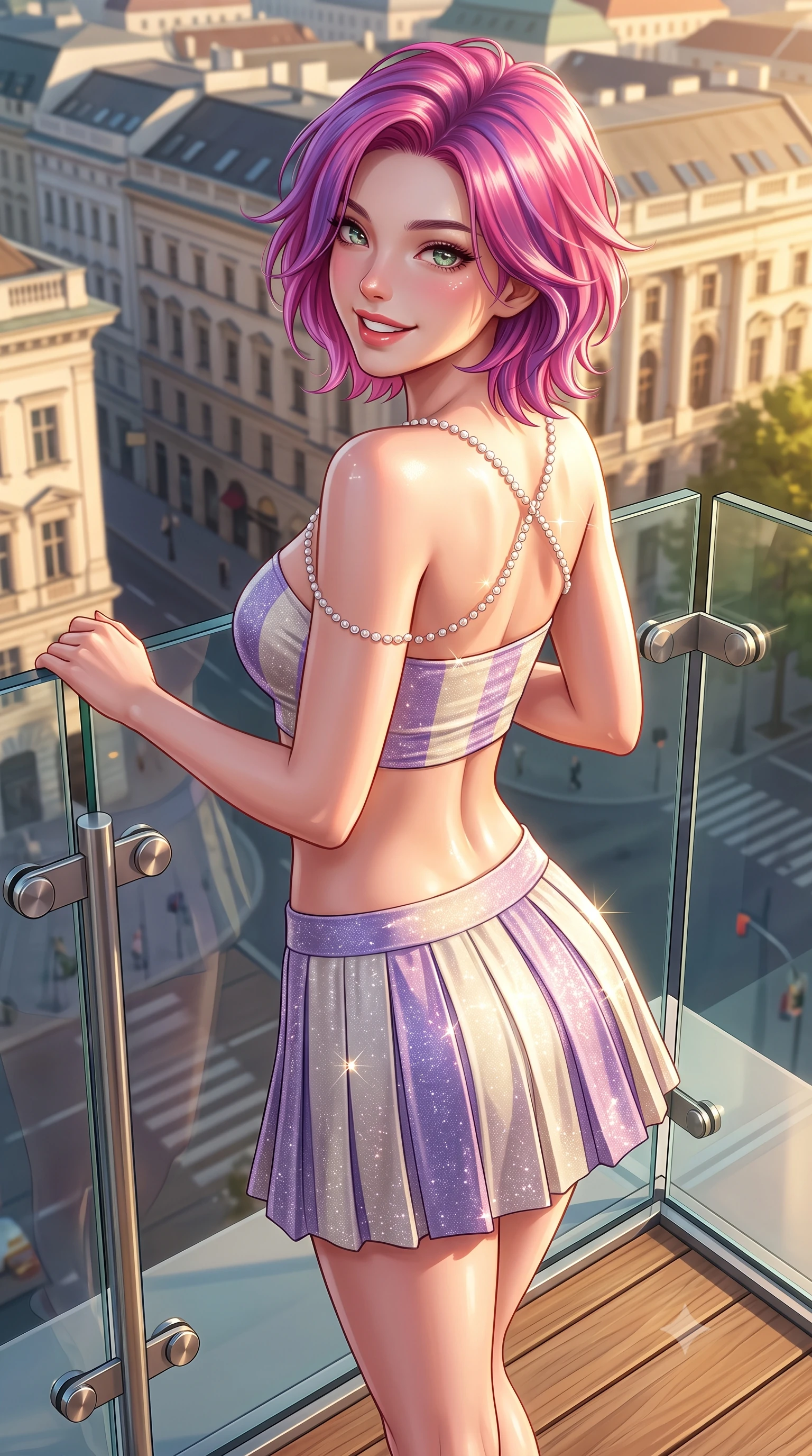 score_9, masterpiece, best quality, ultra-detailed, high-budget anime keyframe, semi-realistic 3D game render, editorial fashion photography, tasteful artistic composition, Caucasian woman. close-up cowboy shot from the waist and thighs up, the character dominates the composition, filling the frame with her large presence. posing in an alluring rear three-quarter angle, looking over a bare shoulder with parted glossy lips, her hips cocked back to highlight her slim hourglass curve while leaning against the frameless glass balustrade with hips cocked back, looking out over historic Ringstraße grand boulevards with smoldering bedroom-eyes. The surrounding environment is rendered in vivid detail and crisp panoramic clarity: sharp frameless glass corner structural joints, natural teak decking grain, and stainless steel railing hardware in deep focus. She has an exceptionally elegant, slender, and willowy female figure with an ultra-slim waist, flat toned midriff, narrow ribcage, and sculpted feminine hips creating an alluring, slim hourglass silhouette without bulk. sharp v-shaped jawline, high-bridge nose, intricate jewel-like sparkling eyes with depth, thick eyelashes, glossy parted lips with a natural peach sheen, bright cheerful beaming smile with an enchanting and coquettish sensual glint, exuding both youthful cute charm and seductive allure, flawlessly proportioned anatomical accuracy, strict slender model proportions, natural body alignment, perfectly sculpted long slender limbs, ultra-slim waistline, clean dynamic posture without body distortion. wearing an ultra-cropped fitted bandeau top paired with a micro mini tennis skirt revealing her flat midriff in Luberon lavender purple and Provençal limestone cream, woven from stretch metallic lurex jersey casting radiant starlight glints across her curves, accented with a pearl-drop body harness subtly framing her dewy collarbones and spine, the impeccably tailored cut draping gracefully along her slender figure with aristocratic poise. illuminated by glass reflection bounce and sharp platinum-gold rim lights defining her dewy collarbones, ultra-slim waist, and curvy hips. highly saturated vibrant anime colors, detailed shading with soft gradients, rich glossy textures, high-contrast stereoscopic depth, volumetric dynamic lighting, master piece, 9:16 ratio