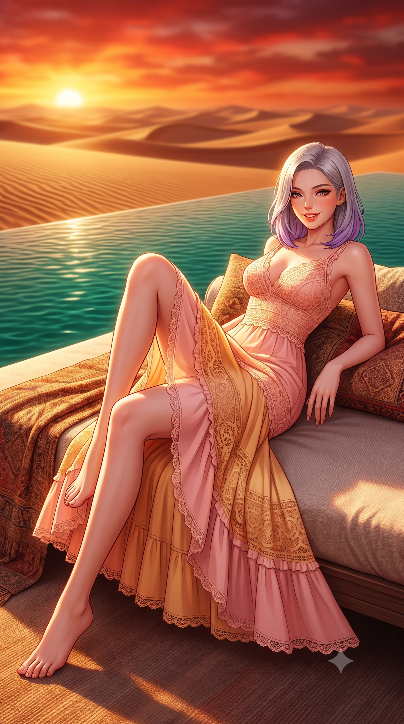 score_9, masterpiece, best quality, ultra-detailed, high-budget anime keyframe, semi-realistic 3D game render, editorial fashion photography, tasteful artistic composition, Caucasian woman. low angle full-body shot from head to toe showing her feet, filling the entire 9:16 vertical frame with her statuesque presence, stretching her vertical silhouette. reclining languidly on her side across the outdoor daybed with one knee drawn up, her radiant smile and arched hip curve commanding the 9:16 vertical frame with youthful sensual charisma while standing on the edge of the desert infinity pool where emerald water meets endless golden sand dunes, arching her spine with sovereign majesty. The composition keeps background elements in soft focus with dreamy creamy bokeh. rippling golden sand dunes stretching to infinity beneath a fiery crimson sunset sky blurred into deep copper, carmine, and gold bokeh. She has an exceptionally tall and slender model-like 8.5-heads proportion, an ultra-slim waist, a flat toned midriff, narrow delicate ribcage, and beautifully sculpted feminine hips creating a graceful, slim hourglass silhouette without any bulky heaviness, with impossibly long slender legs. sharp v-shaped jawline, high-bridge nose, sparkling amber-hazel eyes with depth, long lush eyelashes, glossy sun-kissed lips with a warm coral glaze, radiant teasing smile with sensual sunlit bedroom-eyes, exuding effortless old-money elegance and intoxicating sun-drenched allure, flawlessly proportioned anatomical accuracy, strict slender model proportions, natural body alignment, perfectly sculpted long slender limbs, ultra-slim waistline, clean dynamic posture without body distortion. wearing a sheer crochet lace maxi dress layered over a matching silk slip, accentuating her narrow waist and rounded hips in soft peach blossom pink and warm apricot gold, tailored from crisp cotton poplin with clean structural architectural lines, finished with subtle ruffle trims and delicate scallop lace edging, the liquid-tight tailored fabric clinging flawlessly to her narrow waist and rounded feminine hips, emphasizing every millimeter of her sculpted slim hourglass curves without any bulky heaviness. bathed in the intense molten-crimson and gold of the desert horizon sunset. highly saturated vibrant anime colors, detailed shading with soft gradients, rich glossy textures, high-contrast stereoscopic depth, volumetric dynamic lighting, master piece, 9:16 ratio
