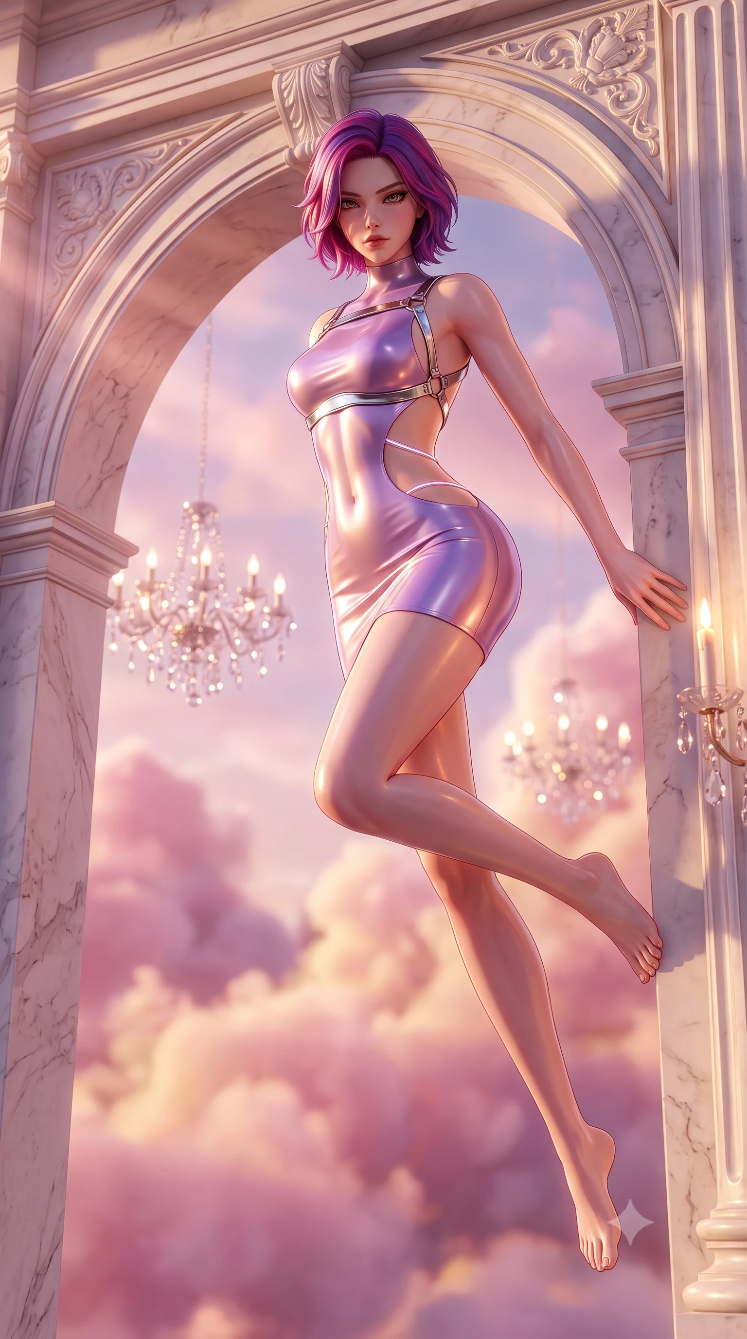 score_9, masterpiece, best quality, ultra-detailed, high-budget anime keyframe, semi-realistic 3D game render, editorial fashion photography, tasteful artistic composition, Caucasian woman. low angle full-body shot from head to toe showing her feet, filling the entire 9:16 vertical frame with her statuesque presence, stretching her vertical silhouette. performing an alluring mid-air vault with flawless poise, looking directly into the camera with smoldering intensity while leaning seductively against a soaring marble arch with a regal, smoldering gaze overlooking the cloud horizon. The composition keeps background elements in soft focus with creamy bokeh. billowing pink and gold twilight clouds and floating crystal chandeliers blurred into dreamy pastel bokeh. She has an absolutely perfect, statuesque 8.5-heads proportion, an exceptionally tall and slender model-like female figure with impossibly long slender legs, a toned flat midriff, and an ultra-slim waist. sharp v-shaped jawline, high-bridge nose, intricate jewel-like eyes with depth, thick eyelashes, glossy lips with a natural sheen, flawlessly proportioned anatomical accuracy, strict slender model proportions, natural body alignment, perfectly sculpted long slender limbs, ultra-slim waistline, clean dynamic posture without body distortion. wearing a second-skin fashion-latex mini dress with a clean architectural front, featuring an open-back design that wraps around the sides of her waist, showcasing her slender silhouette in luminous lavender violet and rose gold, made of smooth iridescent silk chiffon that shifts colors with movement, reinforced by a sleek metallic chrome harness and delicate glowing micro-straps, the form-contouring material adhering flawlessly to her sculpted flat midriff and slender torso, emphasizing her long leg lines and perfectly proportioned willowy build. bathed in glorious golden-pink twilight sunbeams and warm chandelier candlelight glow. highly saturated vibrant anime colors, detailed shading with soft gradients, rich glossy textures, high-contrast stereoscopic depth, volumetric dynamic lighting, master piece, 9:16 ratio