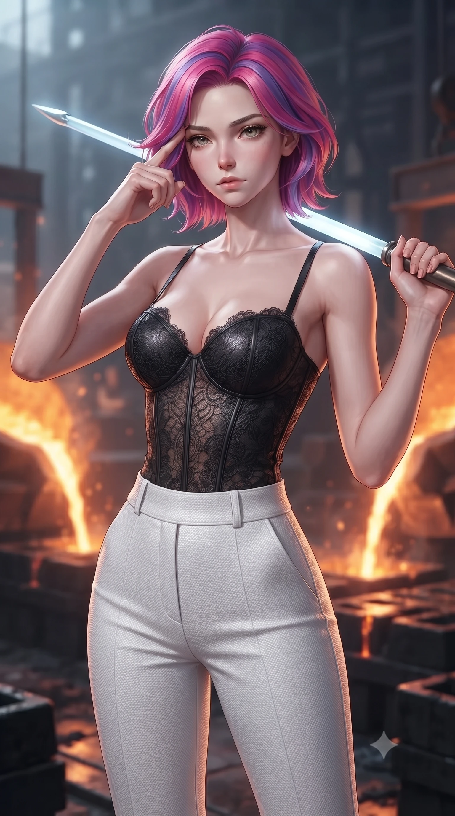 score_9, masterpiece, best quality, ultra-detailed, high-budget anime keyframe, editorial fashion photography, tasteful artistic composition, Caucasian woman. close-up cowboy shot from the waist and thighs up, the character dominates the composition, filling the frame with her large presence, background elements kept in soft focus. pressing two fingers to her temple while holding a light-spear diagonally behind her in a composed thoughtful gesture, the background shows a soft-focus an industrial smelting yard with molten metal pouring into carbon molds in soft focus. She has an exceptionally elegant, slender, and willowy female figure with an ultra-slim waist, a gracefully sculpted slender torso, and a refined silhouette. sharp v-shaped jawline, high-bridge nose, intricate jewel-like eyes with depth, thick eyelashes, glossy lips with a natural sheen. wearing a form-contouring delicate lace combat corset top in black silk, paired with high-waisted white carbon-weave trousers. hot glowing metal pouring, casting dramatic orange uplight and long shadows. ultra-reflective glossy finish, specular highlights, metallic sheen, high-contrast stereoscopic depth, volumetric dynamic lighting, 2k, ultra detail, master piece, 9:16 ratio