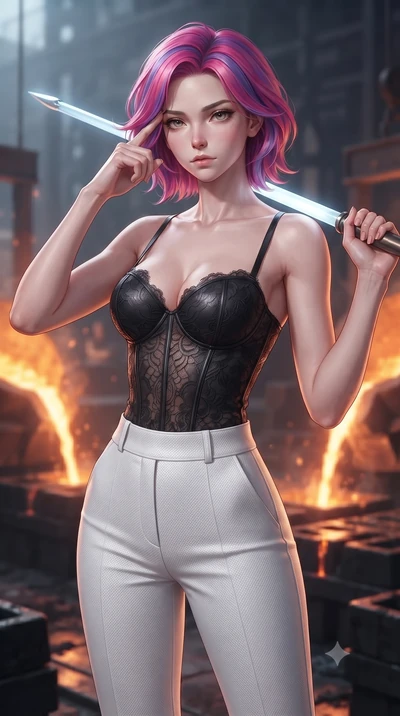 score_9, masterpiece, best quality, ultra-detailed, high-budget anime keyframe, editorial fashion photography, tasteful artistic composition, Caucasian woman. close-up cowboy shot from the waist and thighs up, the character dominates the composition,