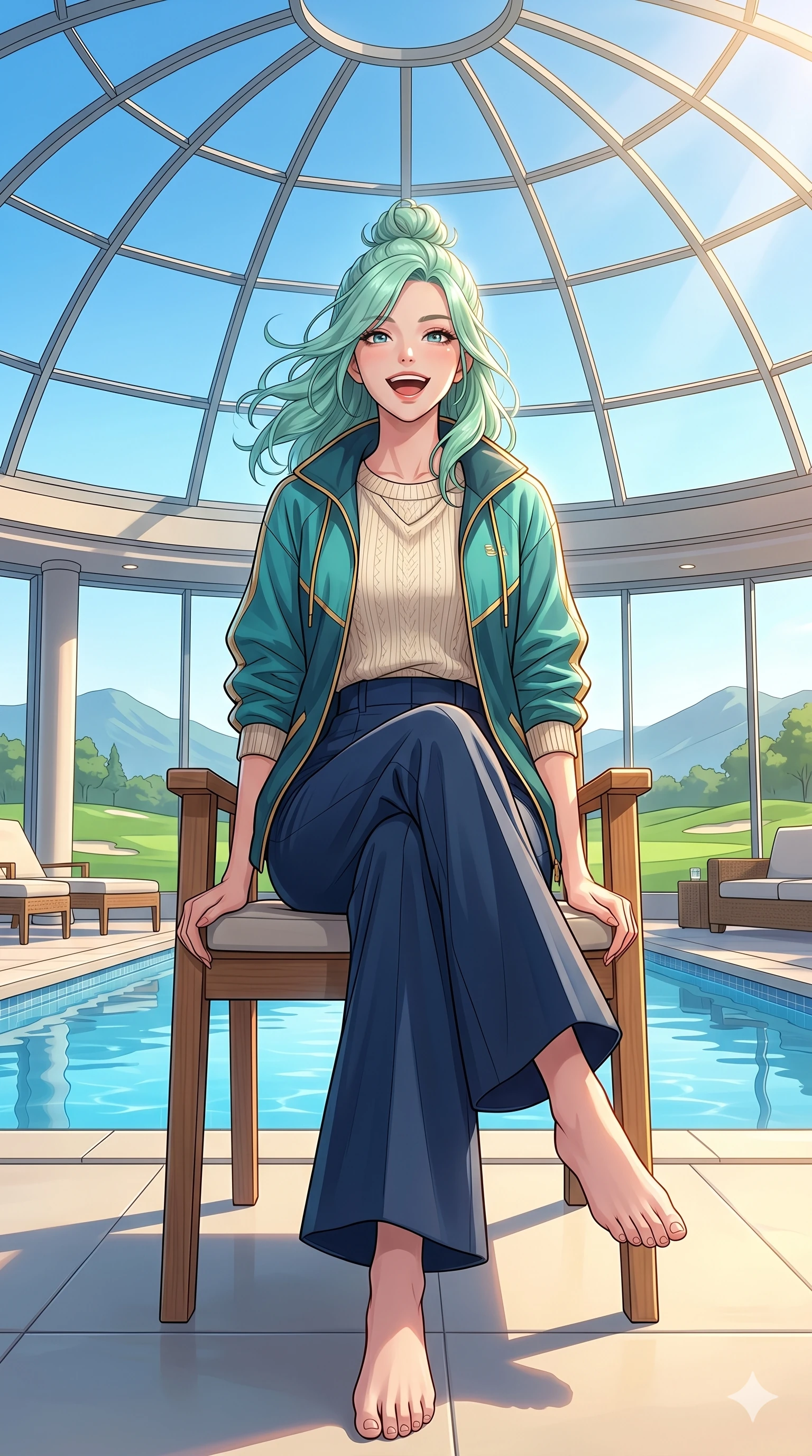 score_9, masterpiece, best quality, ultra-detailed, high-budget anime keyframe, vibrant anime aesthetic, Japanese woman. low angle full-body shot from head to toe showing her feet, filling the entire 9:16 vertical frame with her statuesque presence, stretching her vertical silhouette. She is sitting by the resort pool, laughing wind-swept and happy in the morning rays inside a luxury golf clubhouse lounge with views of green lawns under a bright sky (Code-P20-039). She has an absolutely perfect 8-heads proportion, an exceptionally tall and slender female figure with impossibly long slender legs and an ultra-slim waist. V-shaped jawline, high-bridge nose, intricate jewel-like eyes with depth, thick eyelashes, glossy lips with a natural sheen. wearing a designer windbreaker over a knit sweater and wide-leg trousers. She is warm glowing resort light filtering through the glass dome, outlining her features. 2k, ultra detail, master piece, 9:16 ratio