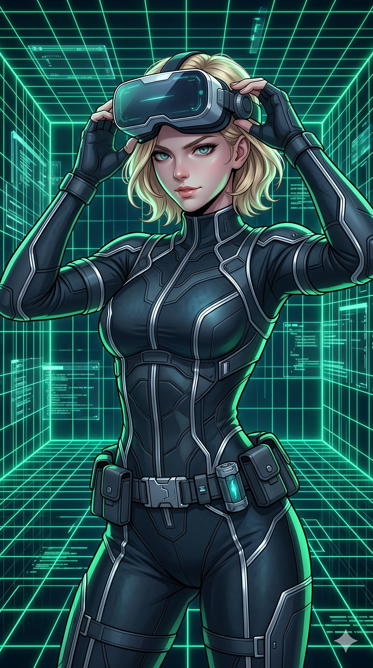 score_9, masterpiece, best quality, ultra-detailed, high-budget anime keyframe, editorial fashion photography, tasteful artistic composition, Caucasian woman, strictly human ears. Upper body close-up from the thighs up, character filling the screen for maximum presence. Inside a virtual reality chamber with wireframe grids, adjusting her VR headset with a focused, intense half-smile. She is wearing a form-fitting tech-jumpsuit with reflective silver piping and a utility belt. The scene is illuminated by neon green grid lines and a sharp white key light. 2k, ultra detail, master piece, 9:16 ratio
