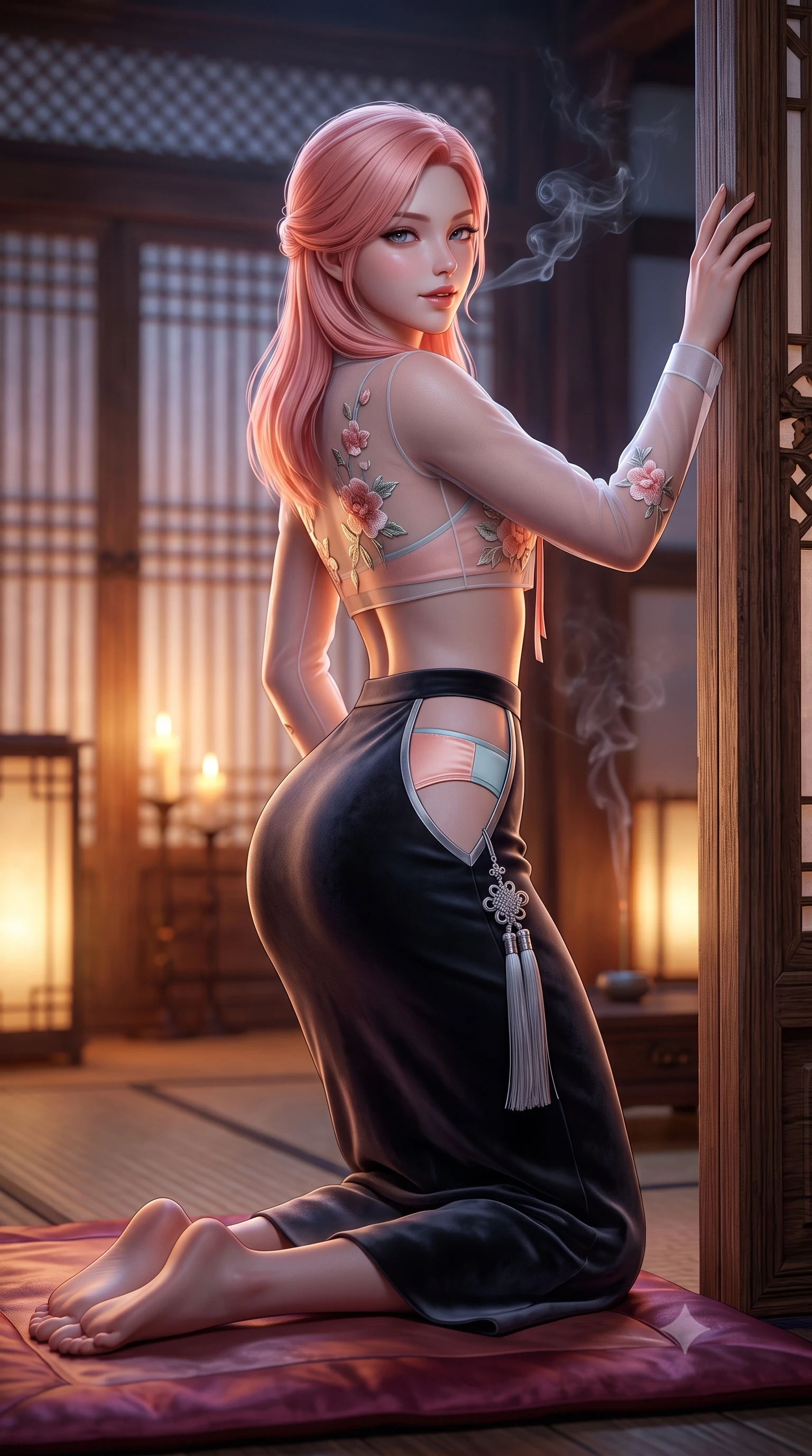 score_9, masterpiece, best quality, ultra-detailed, high-budget anime keyframe, semi-realistic 3D game render, editorial fashion photography, tasteful artistic composition, Japanese woman. low angle full-body shot from head to toe showing her feet, filling the entire 9:16 vertical frame with her statuesque presence, stretching her vertical silhouette. standing tall beside the architectural column, one hand resting high while arching her lower back to emphasize her sculpted feminine hips and slender waist while kneeling gracefully on the silk floor mat with hips angled back, glancing back with an alluring, parted-lip smile as incense curls into the air. The background shows a soft-focus warm candlelight glowing through translucent hanji paper doors softened in peaceful autumnal shallow focus. She has an absolutely perfect, statuesque 8.5-heads proportion, an exceptionally tall and slender model-like female figure with impossibly long slender legs, an ultra-slim waist, a flat toned midriff, narrow delicate ribcage, and beautifully sculpted feminine hips creating a graceful, slim hourglass silhouette without any bulky heaviness. sharp v-shaped jawline, high-bridge nose, sparkling eyes with hypnotic seductive depth, thick curled eyelashes, glossy parted lips with a natural dewy peach sheen, alluring bedroom-eyes with an enchanting coquettish smile, exuding magnetic siren charisma and sophisticated glamour, flawlessly proportioned anatomical accuracy, strict slender model proportions, natural body alignment, perfectly sculpted long slender limbs, ultra-slim waistline, clean dynamic posture without body distortion. wearing a provocative sheer illusion mesh jeogori with strategic embroidered silk flowers over a micro-bralette and satin briefs in pastel peach blossom and celadon porcelain blue, tailored from ultra-plush velvet with rich tactile depth and deep shadow gradients, accented with an intricate silver norigae tassel swaying gracefully along her curving hip line, the precision-cut side openings and low-back scoop framing her graceful spine and the sensual sweep of her slim, toned hips. bathed in warm golden candlelight glowing from within the interior room mixed with cool moonlight fill. highly saturated vibrant anime colors, detailed shading with soft gradients, rich glossy textures, high-contrast stereoscopic depth, volumetric dynamic lighting, master piece, 9:16 ratio